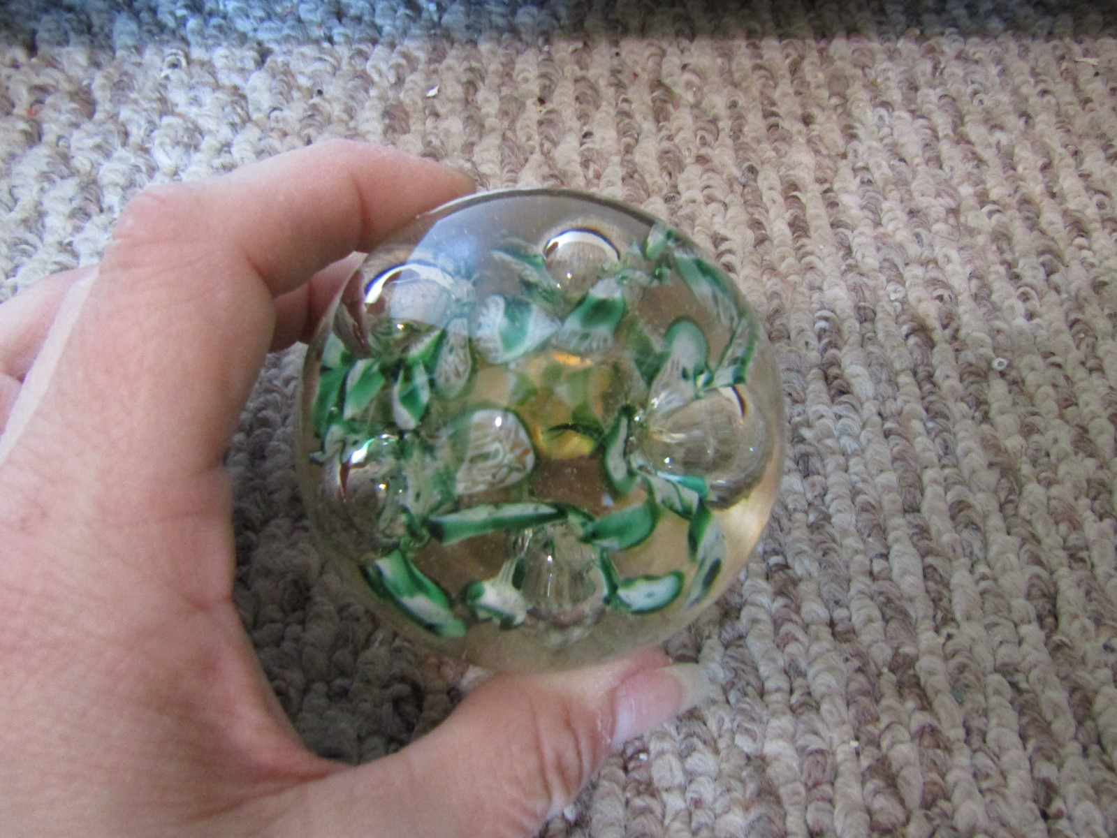 Hand Blown Art Glass Paperweight Clear & Green w/ Polished Bottom Norleans
