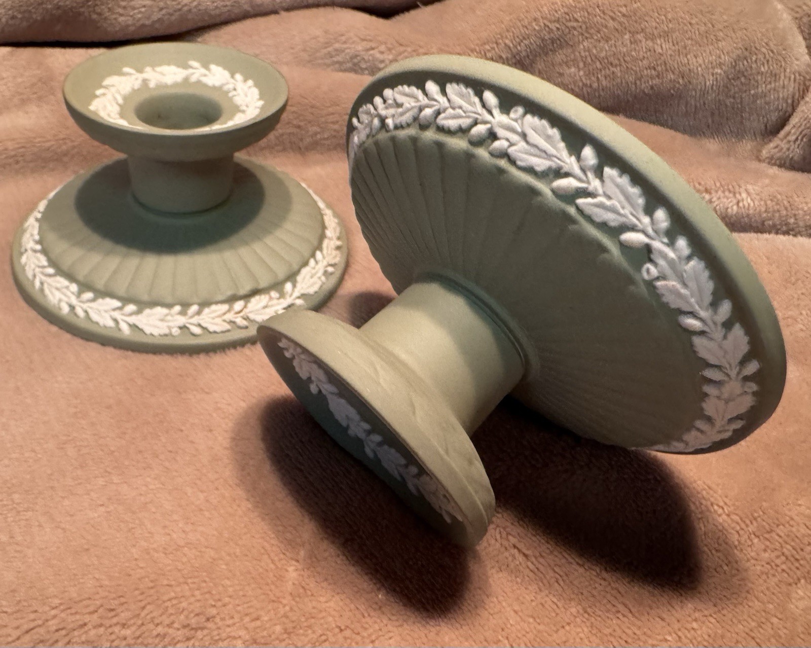 Vintage Wedgwood Sage Green Jasperware Classic Candle Holders 2 Traditional
