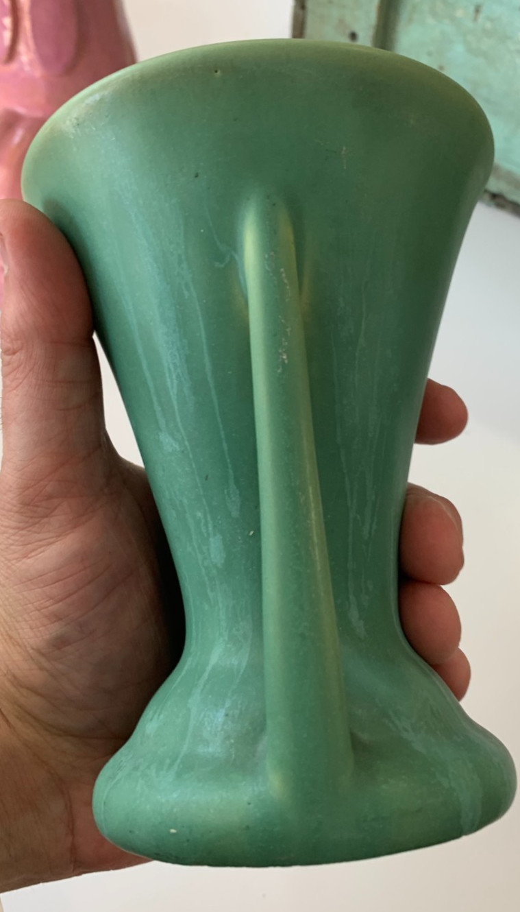 Camark Pottery Double Handle Vase Lovely Matte Green Drip Glaze Arts & Crafts