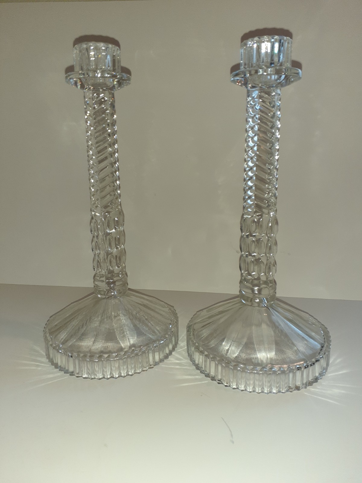 Mid Century Pair Clear Glass twisted Candlesticks
