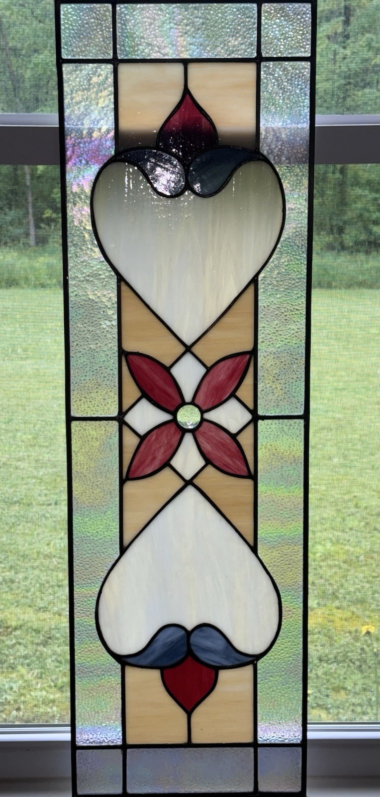 Traditional Art Nouveau Stained Glass Panel 35.5×11” Red Blue Irrodecent Border