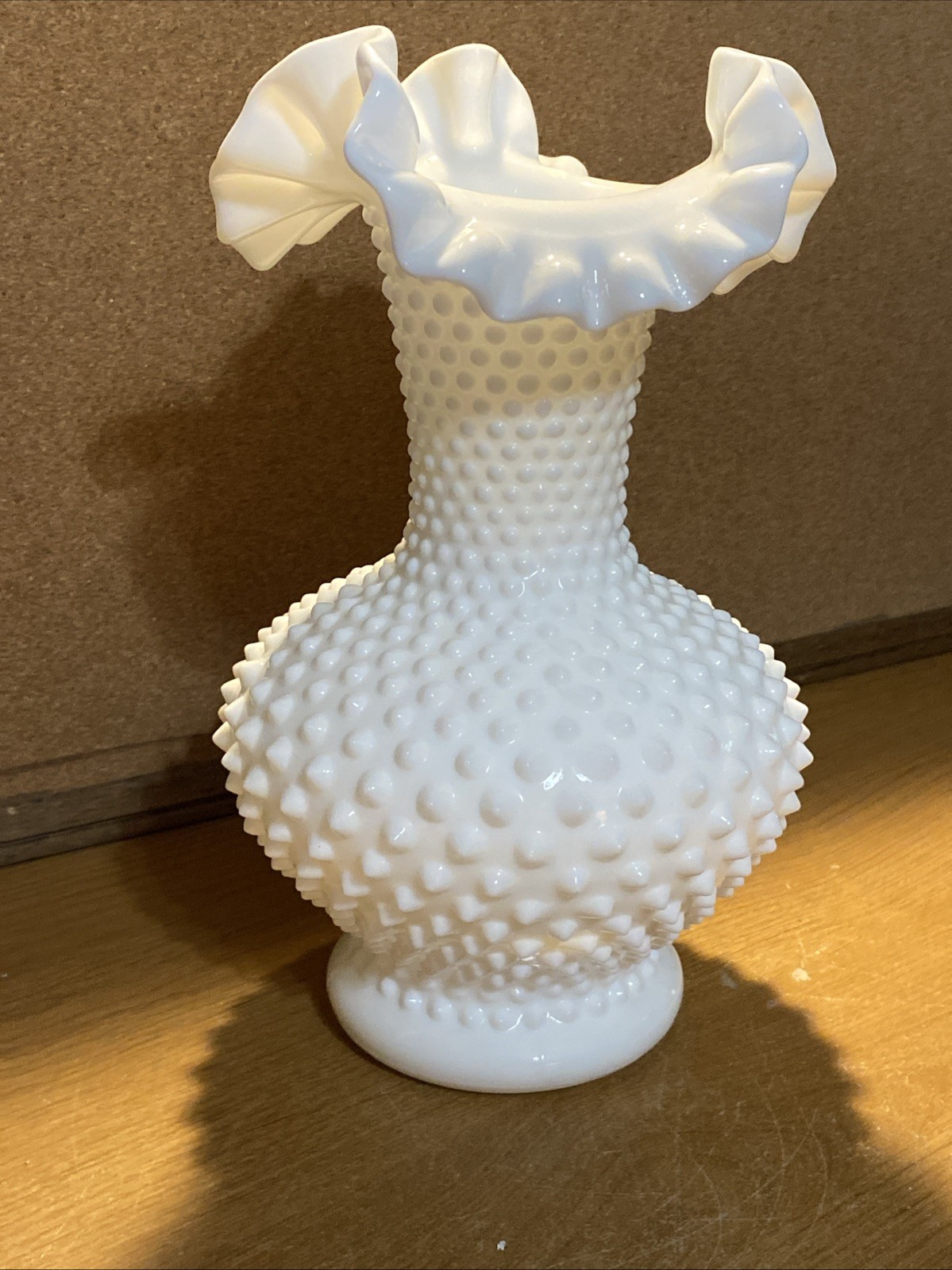 Vtg MCM Fenton Milk Glass Hobnail Vase w Ruffled/Crimped Edge – 10.5″ – EPOC