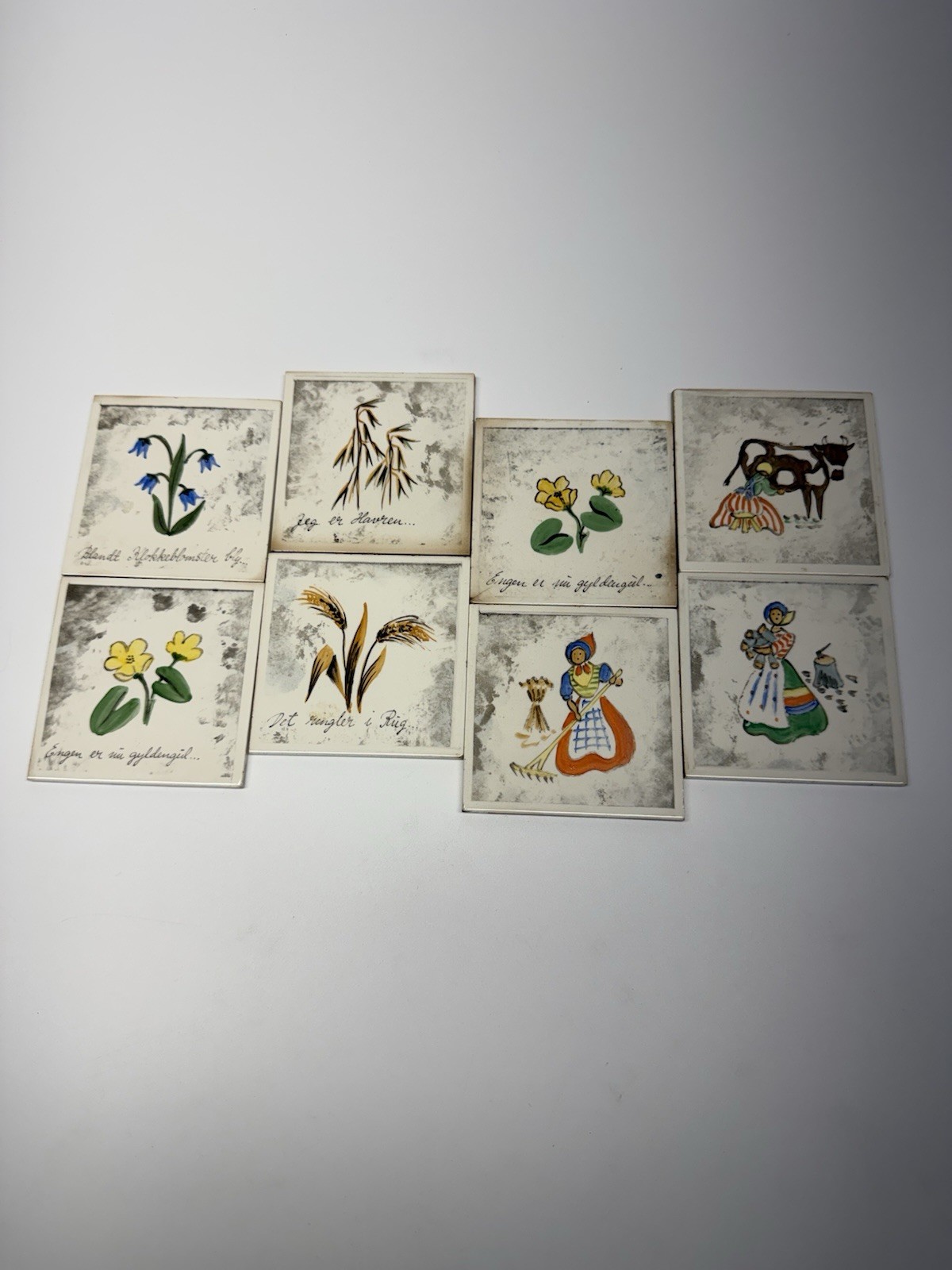 Mid Century Porcelain Tile 8 Coaster Set Christian Denmark Hand Painted Florals