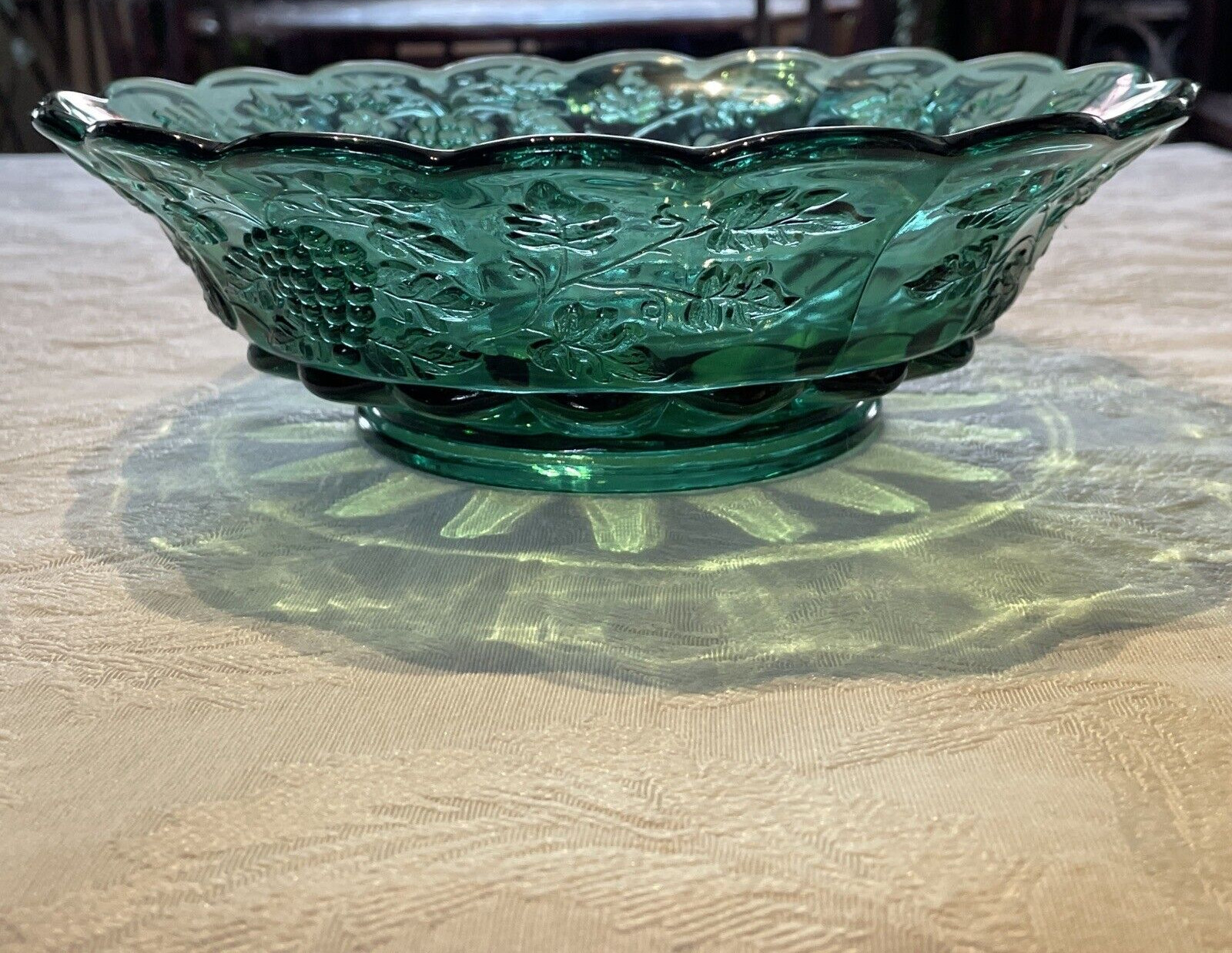 Fenton Forest Green Bowl Fluted Edges Grapes & Leaves Approx. 10″ Round Vintage