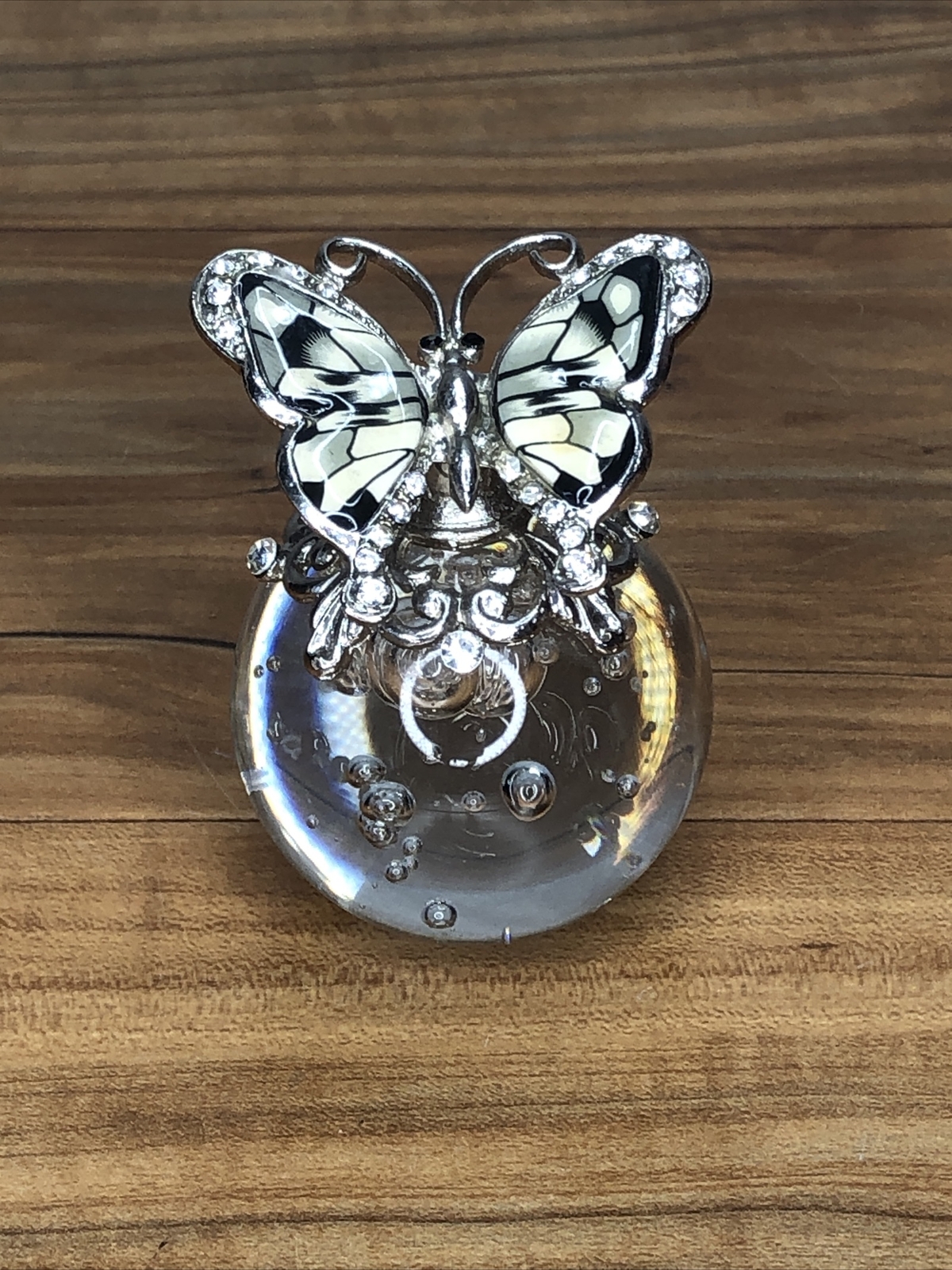 Art Glass Paperweight Controlled Bubbles Ball – Metal Silver Enamel Butterfly