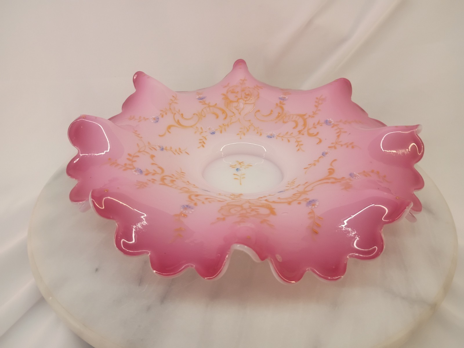 Antique Victorian Pink Peach Blow Cased Art Glass Bride’s Basket Bowl 9 3/4″