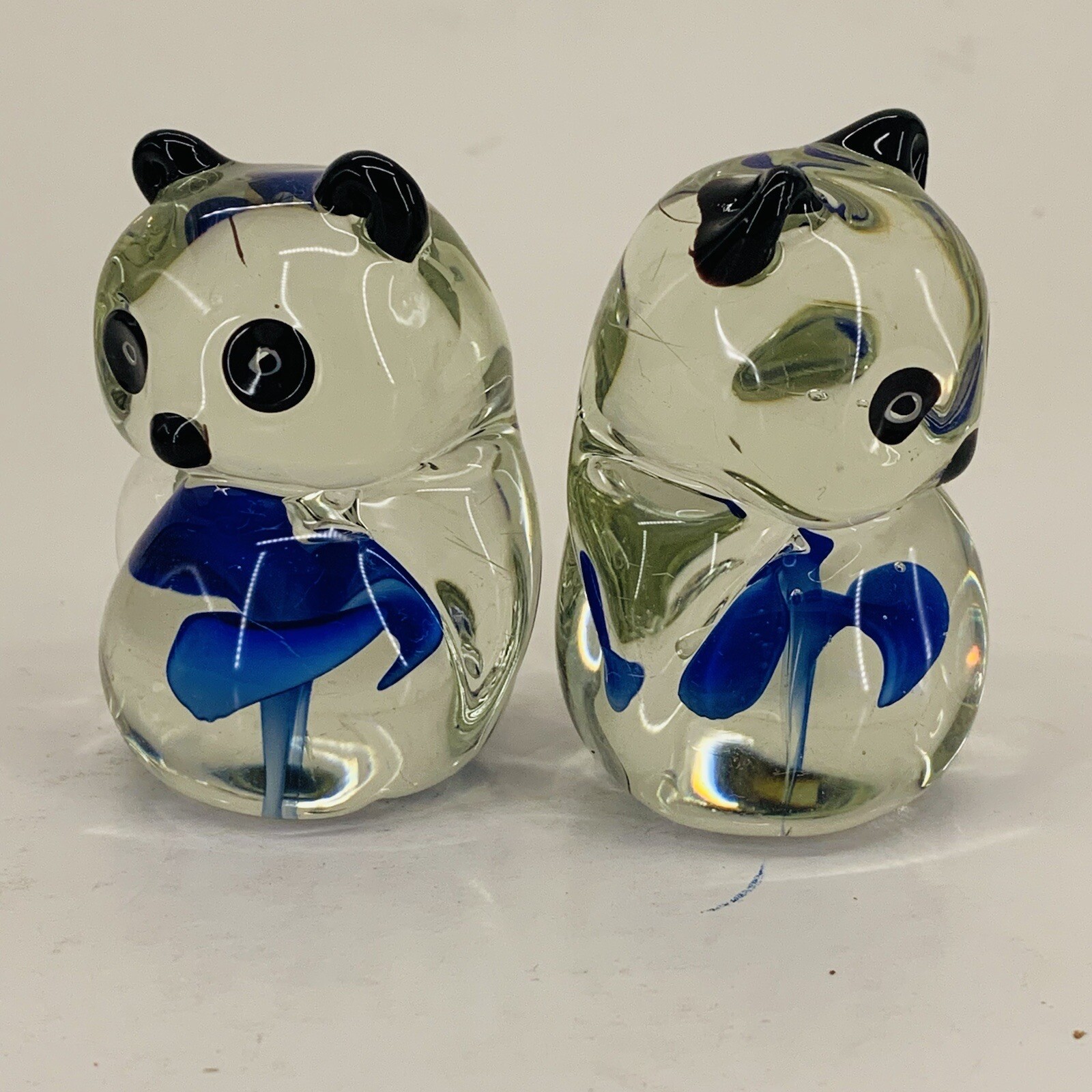Panda Bears Set 2 Glass Paperweights Clear With Blue Swirl in Belly 2.25” Tall