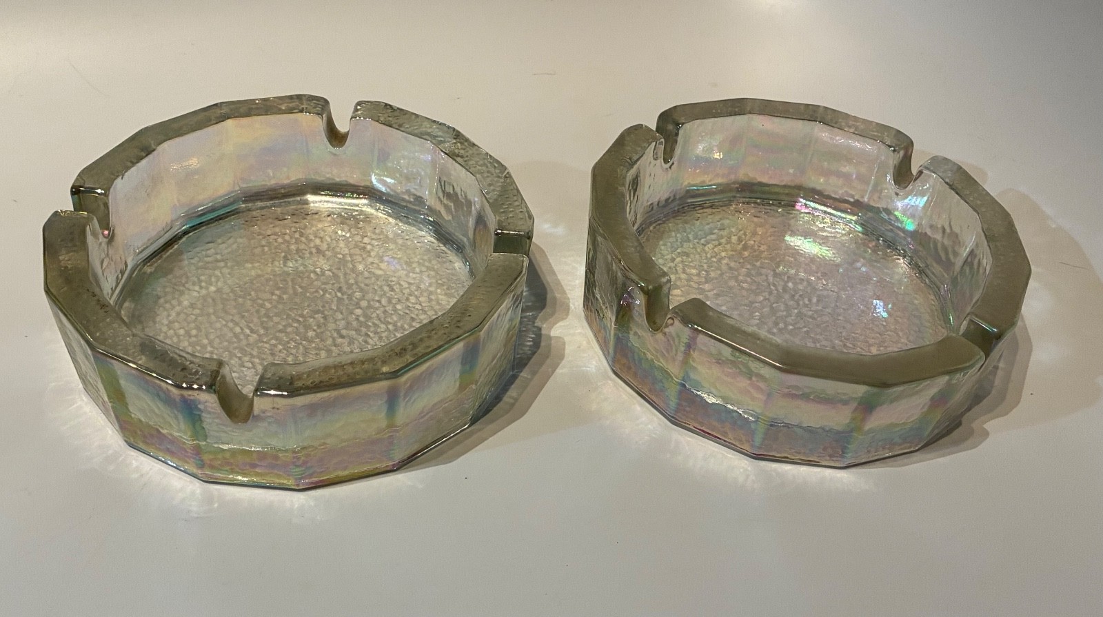 Pair (2) Vintage MCM Blenko Iridescent Rainbow Hammered 16 Sided Glass Ashtrays