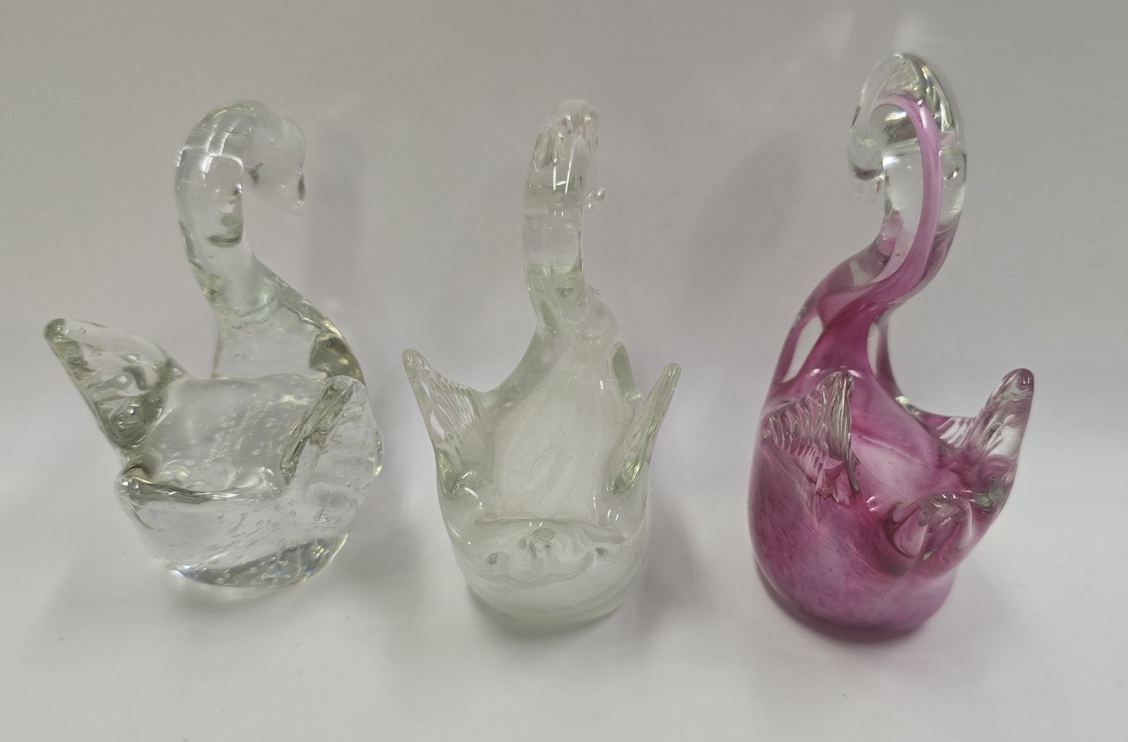 Set of 3 Hand Blown Glass Swan Figurines Clear White Pink Decorative Art Glass
