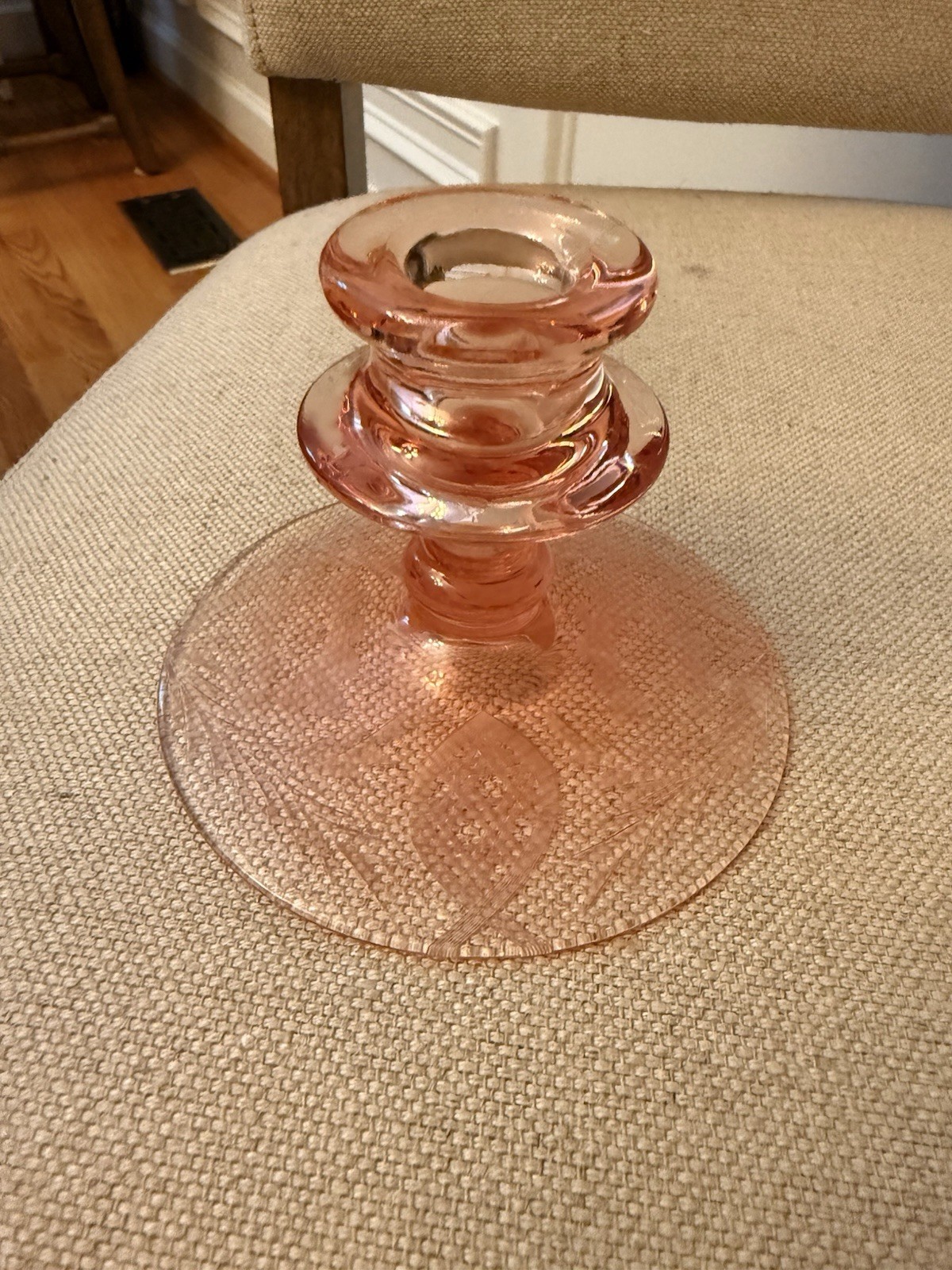 Cambridge Rose Pink depression glass with majestic etch candleholder