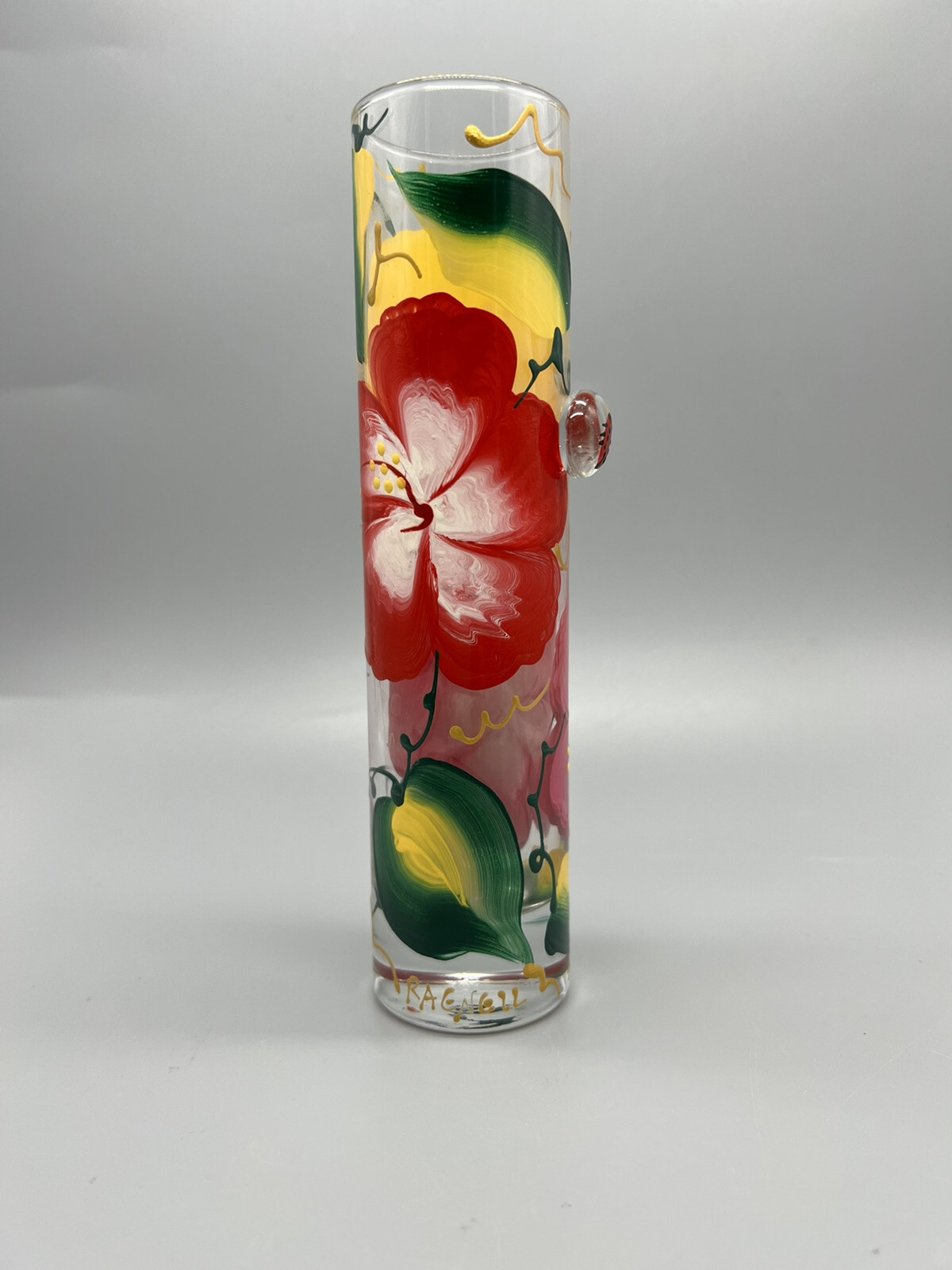 Unique Hand Painted Glass Vase Flowers Applied Glass Ladybug Signed Rae Neil