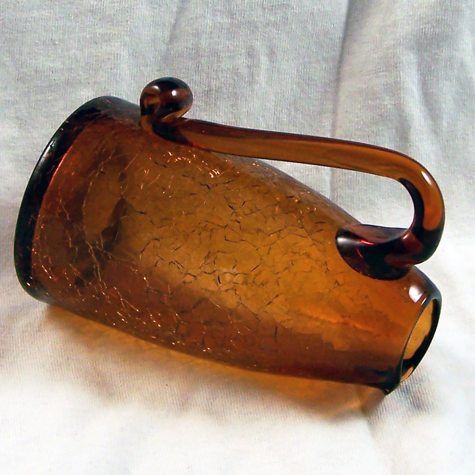 Vintage Small Blown Brown Crackle Glass Bud Vase Jug With Handle 4″ Inches Tall