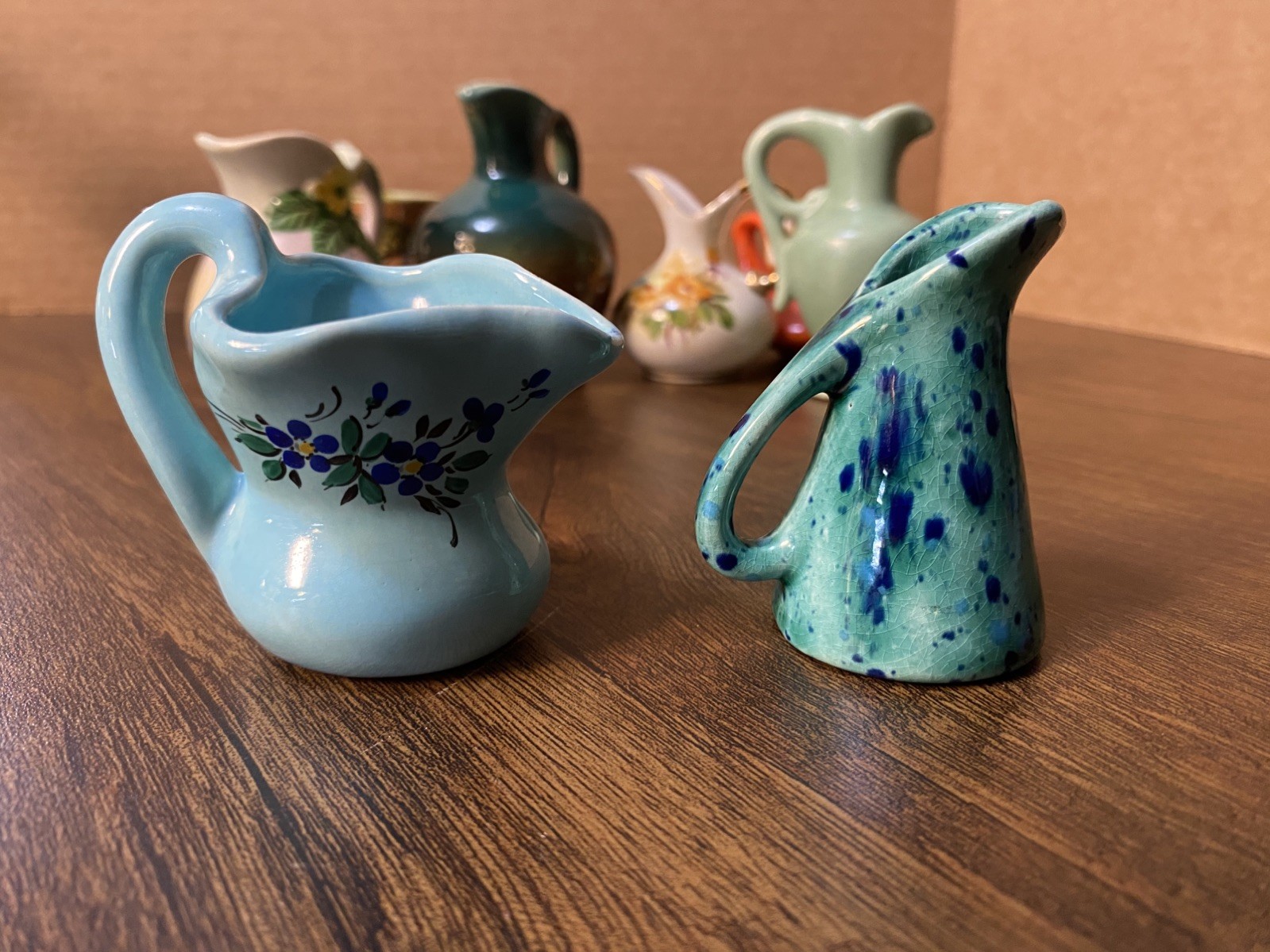 Vintage Lot of 8 Mini Small MCM Pottery Pitchers Ewers Vases Creamers 3.5”-1.5”
