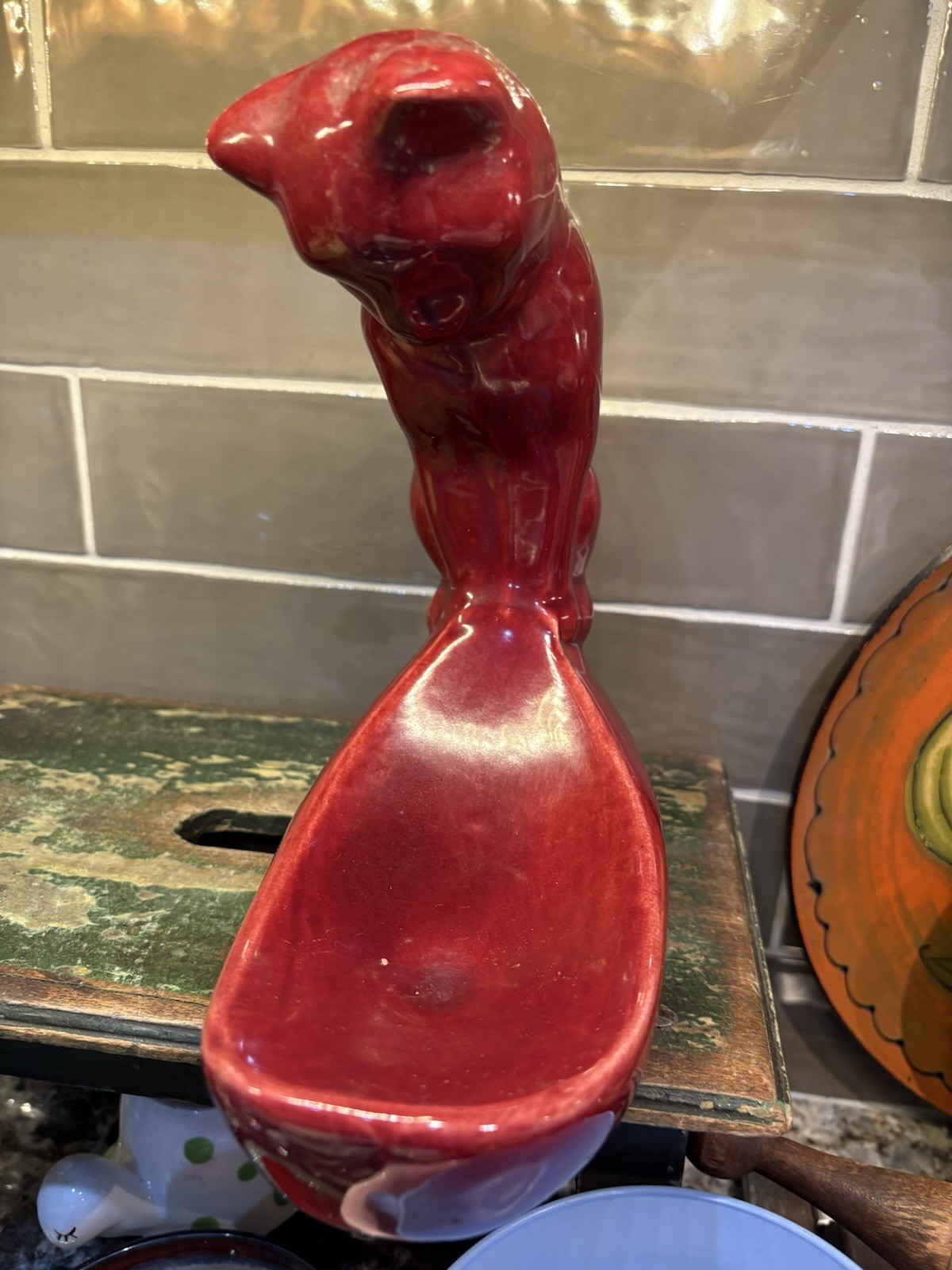 Vtg Camark/royal Haeger Cat Fish Bowl Holder Stand Red Glazed Cat Figurine