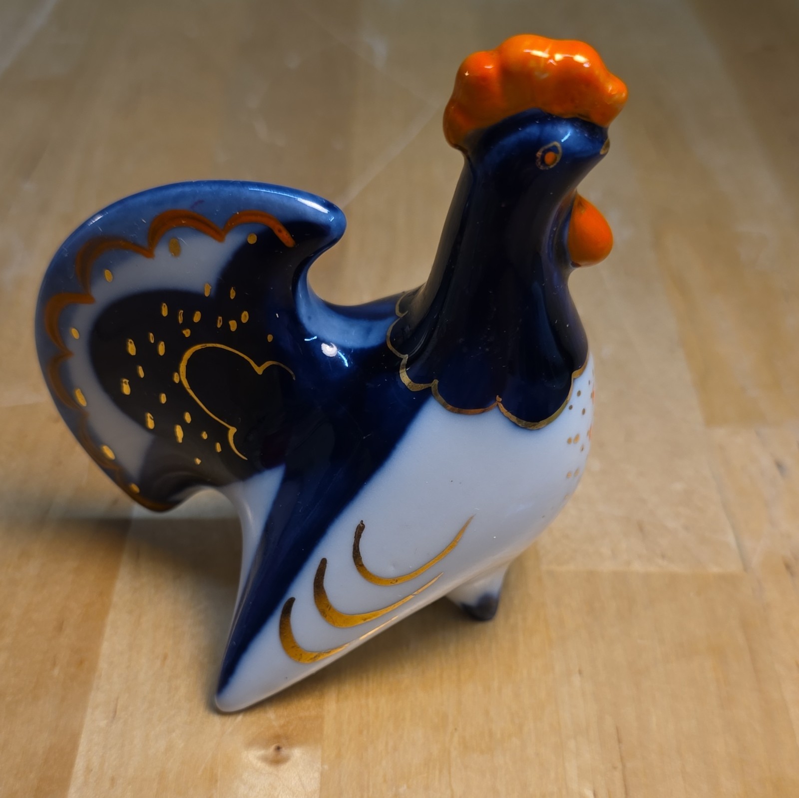 USSR Ceramic Rooster Figurine Hand Painted Blue White Orange Gold Glossy