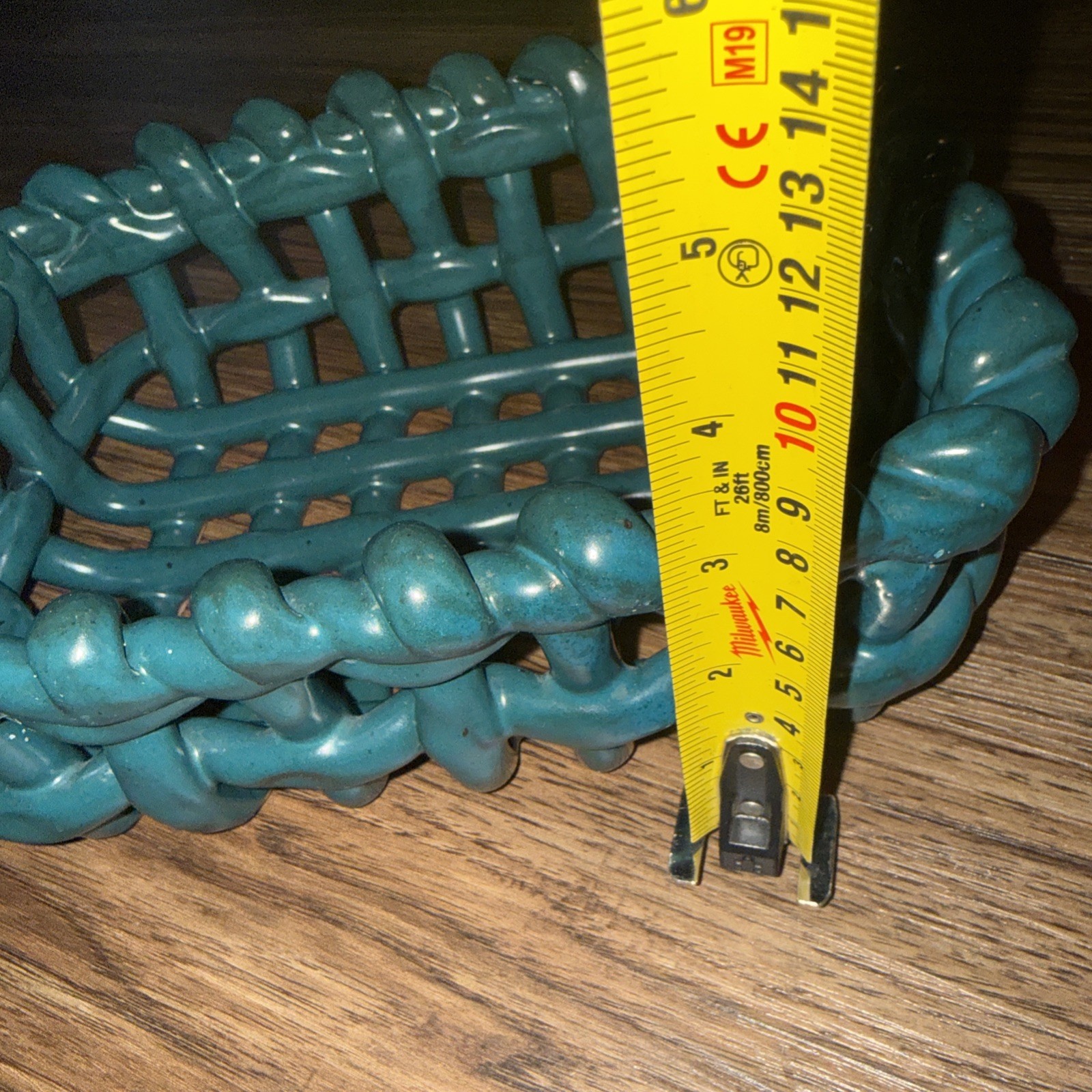 Green Teal Rectangle Lattice Cottagecore Bread Fruit Basket Signed Pottery