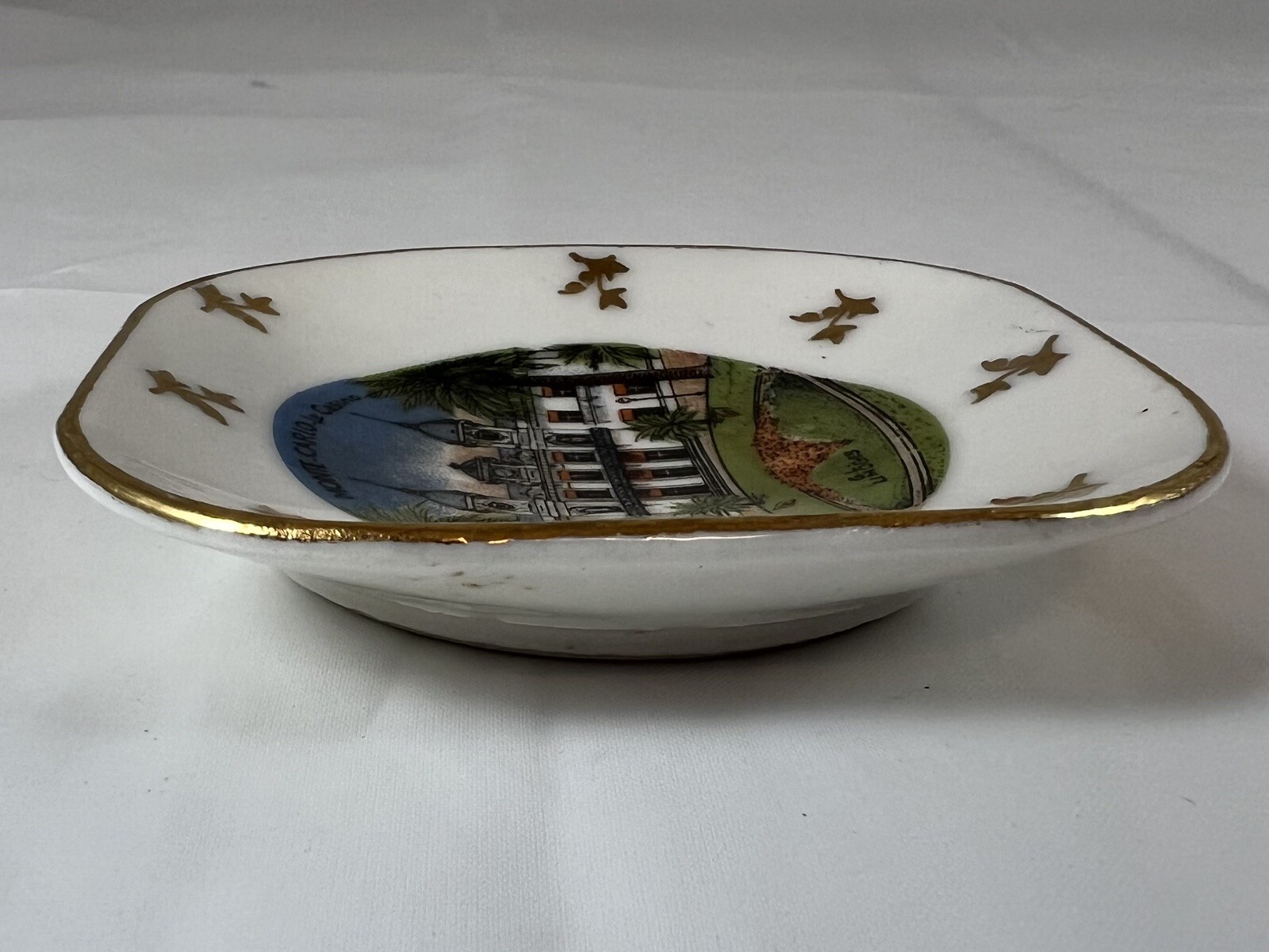 Limoges Trinket Dish Monte Carlo Casino Hand Painted Square Gold Trim Ashtray 3”