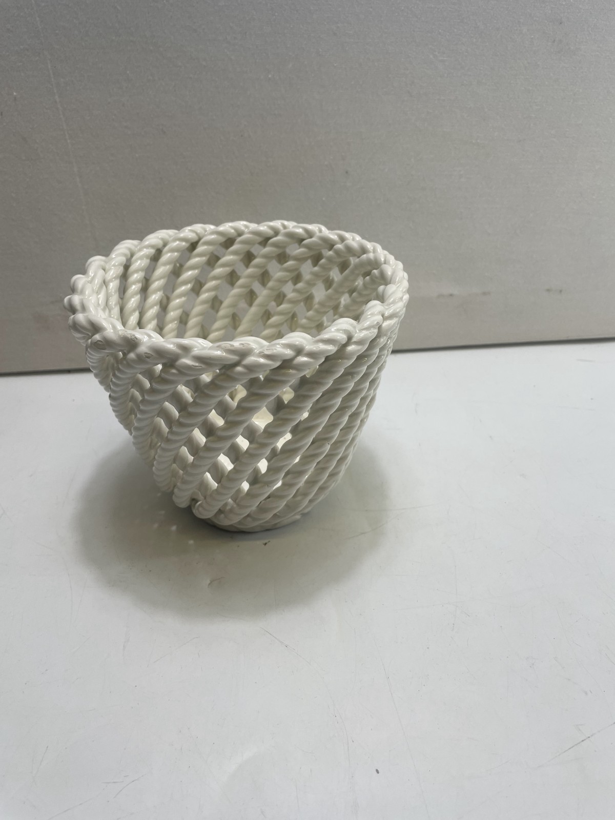 Vintage Spanish Pottery Woven Basket Pot White Braided Ceramic Home Decorative