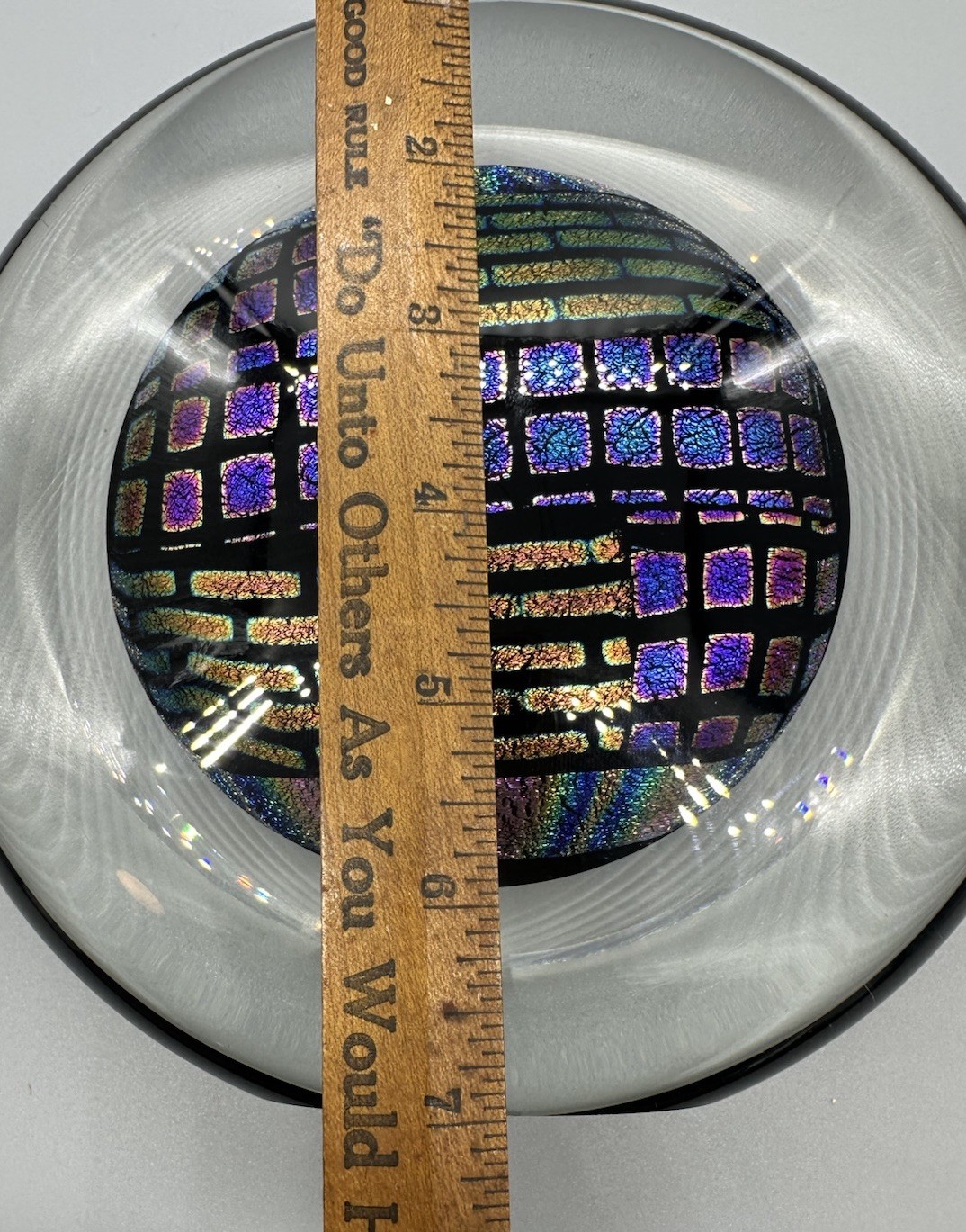 John McDonald Signed Abstract Dichroic Art Glass Paperweight 7 in.