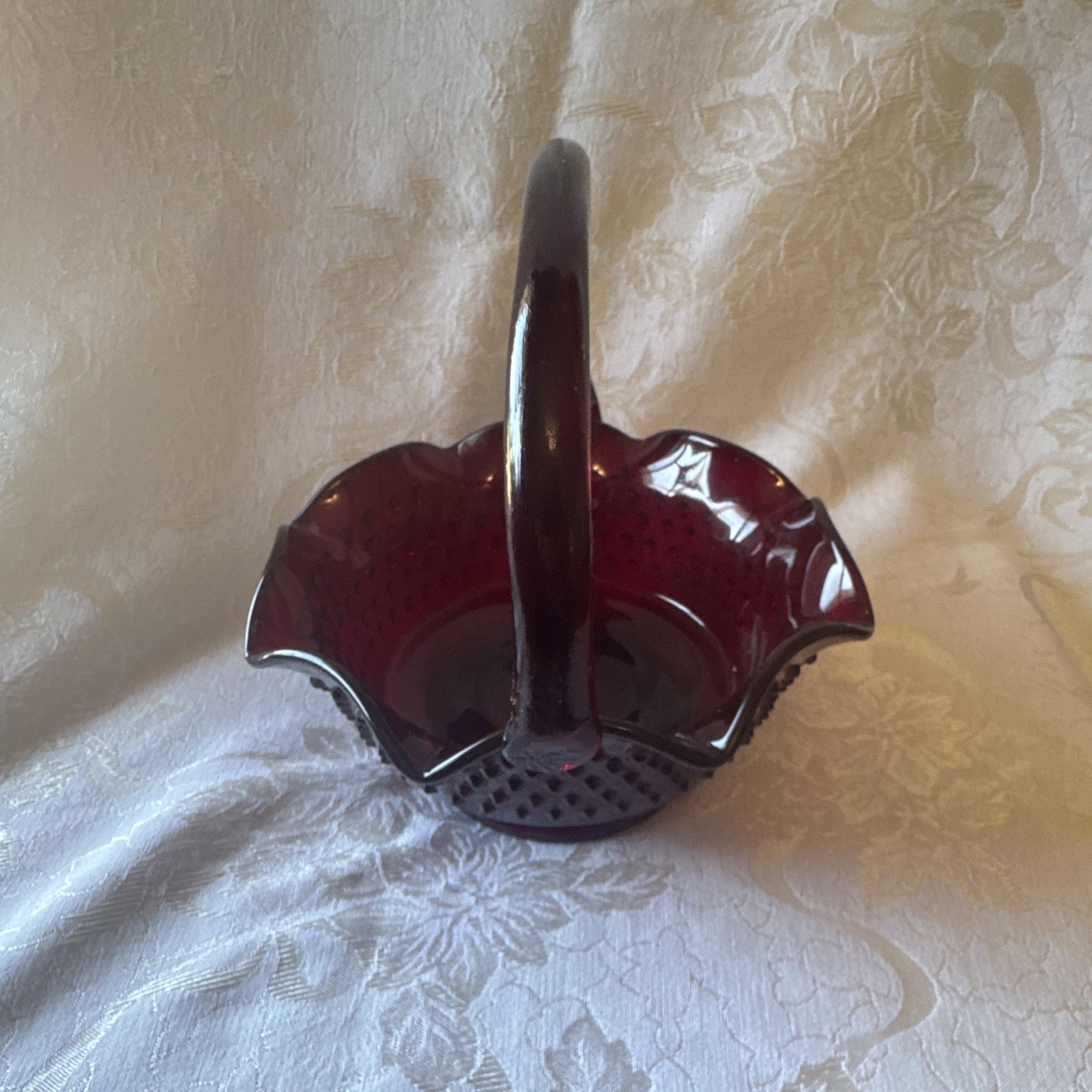 Red Art Glass Hobnail Round Handled Basket Scalloped Rim 7x7x7 in