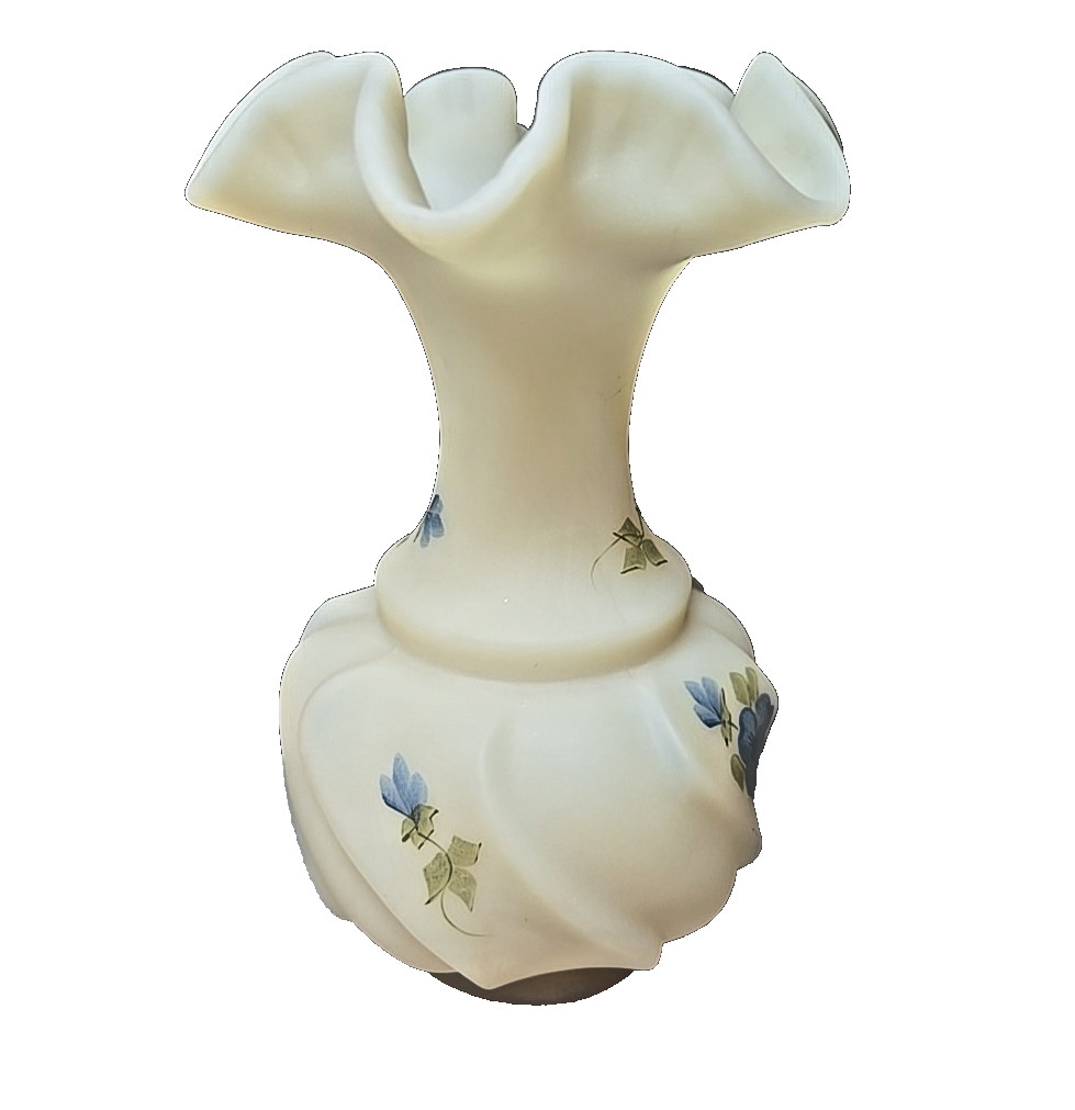 Vintage Fenton Art Glass Vase Burmese Satin Custard Hand Painted Signed 5.5 in.
