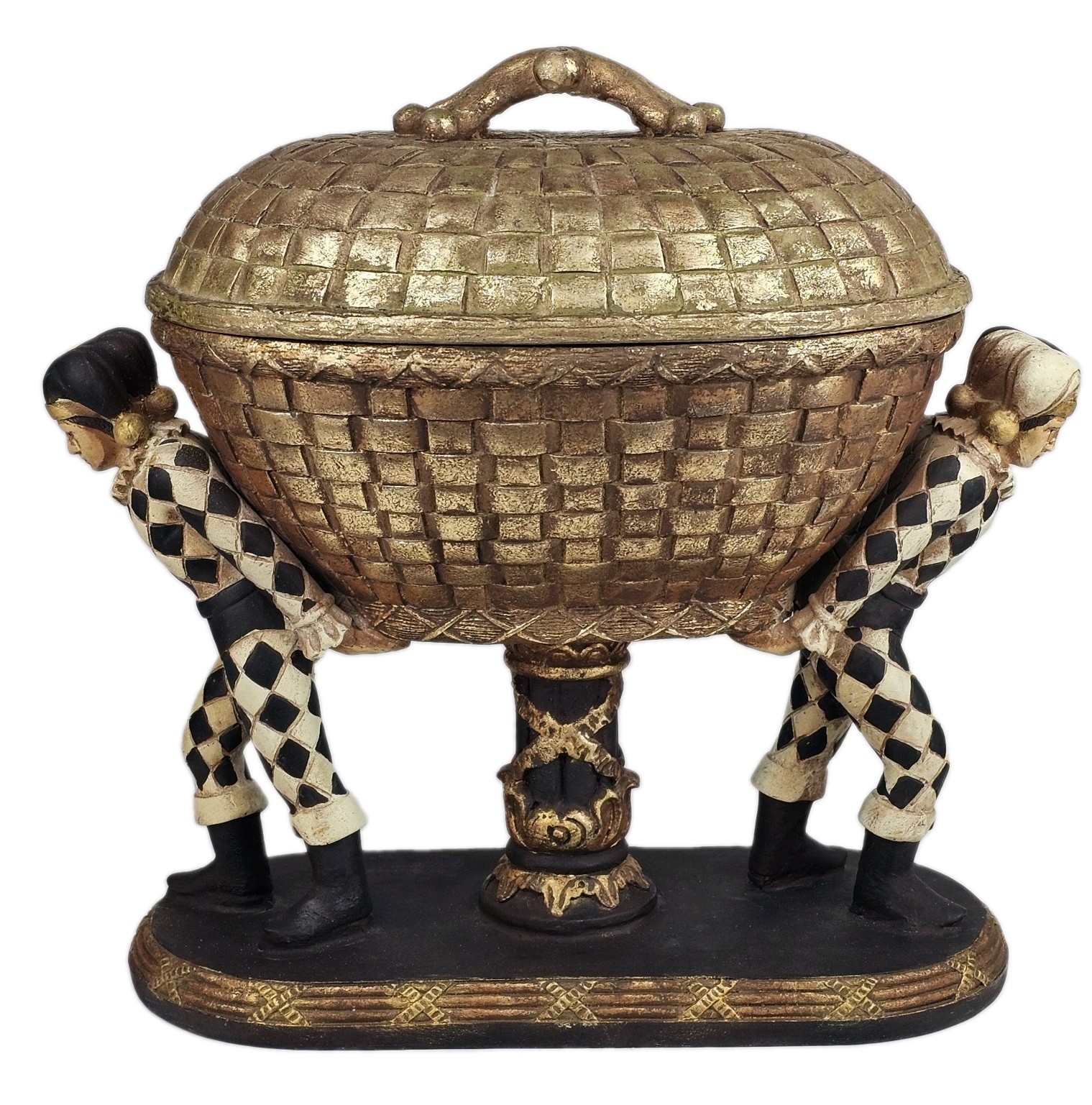Vintage Harlequin Figural Ceramic Lidded Container Gold Trinket Basket Venetian
