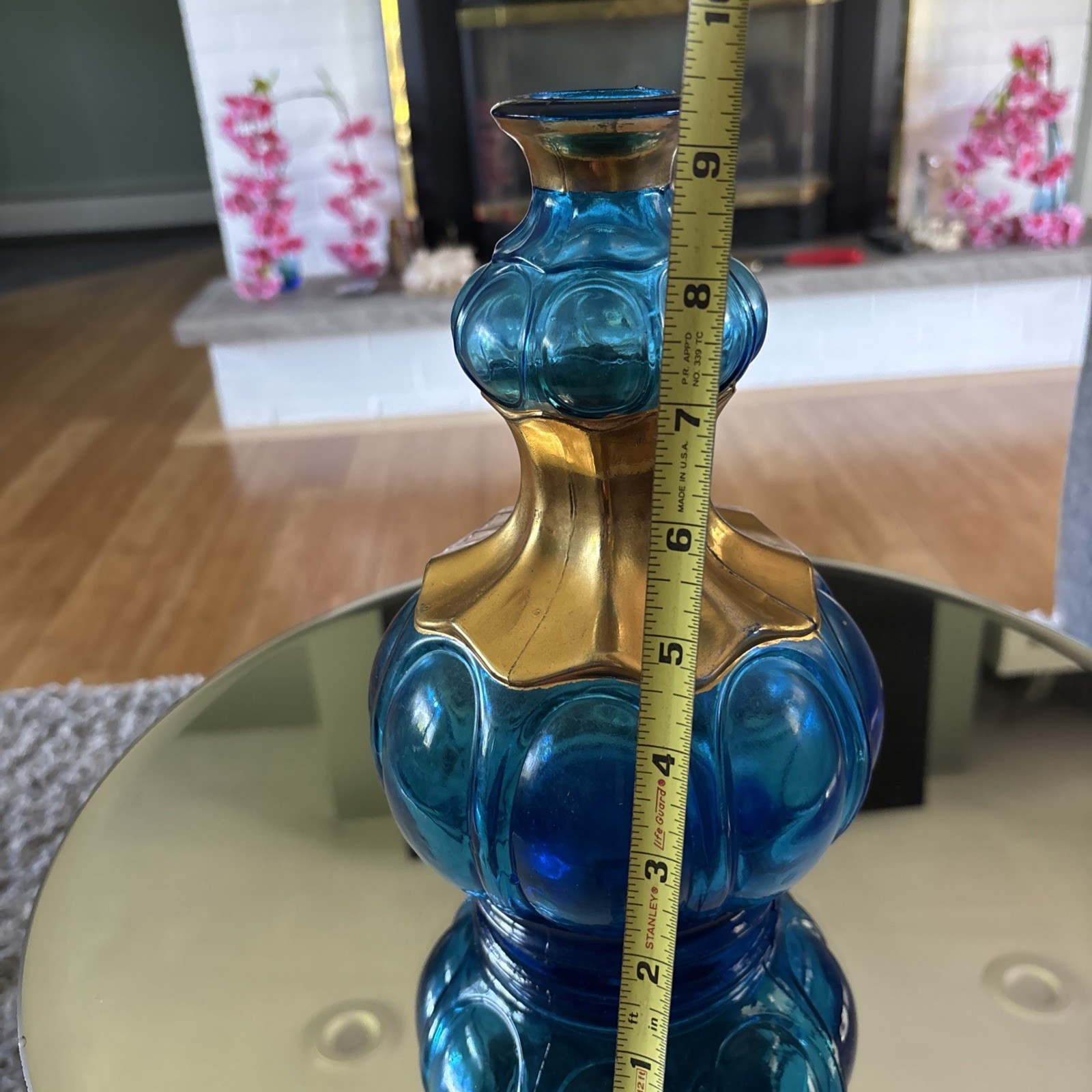 Vintage Teal Blue and Gold Genie Bottle Vase 10 Inches Tall