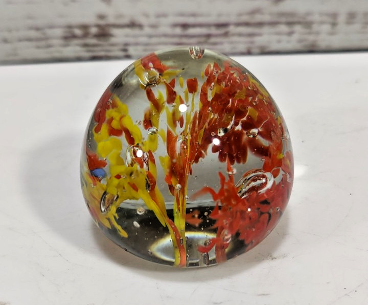 Vintage 1970s Art Glass Paperweight Red, Orange, and Yellow Florals 2″ T 2.25″ W