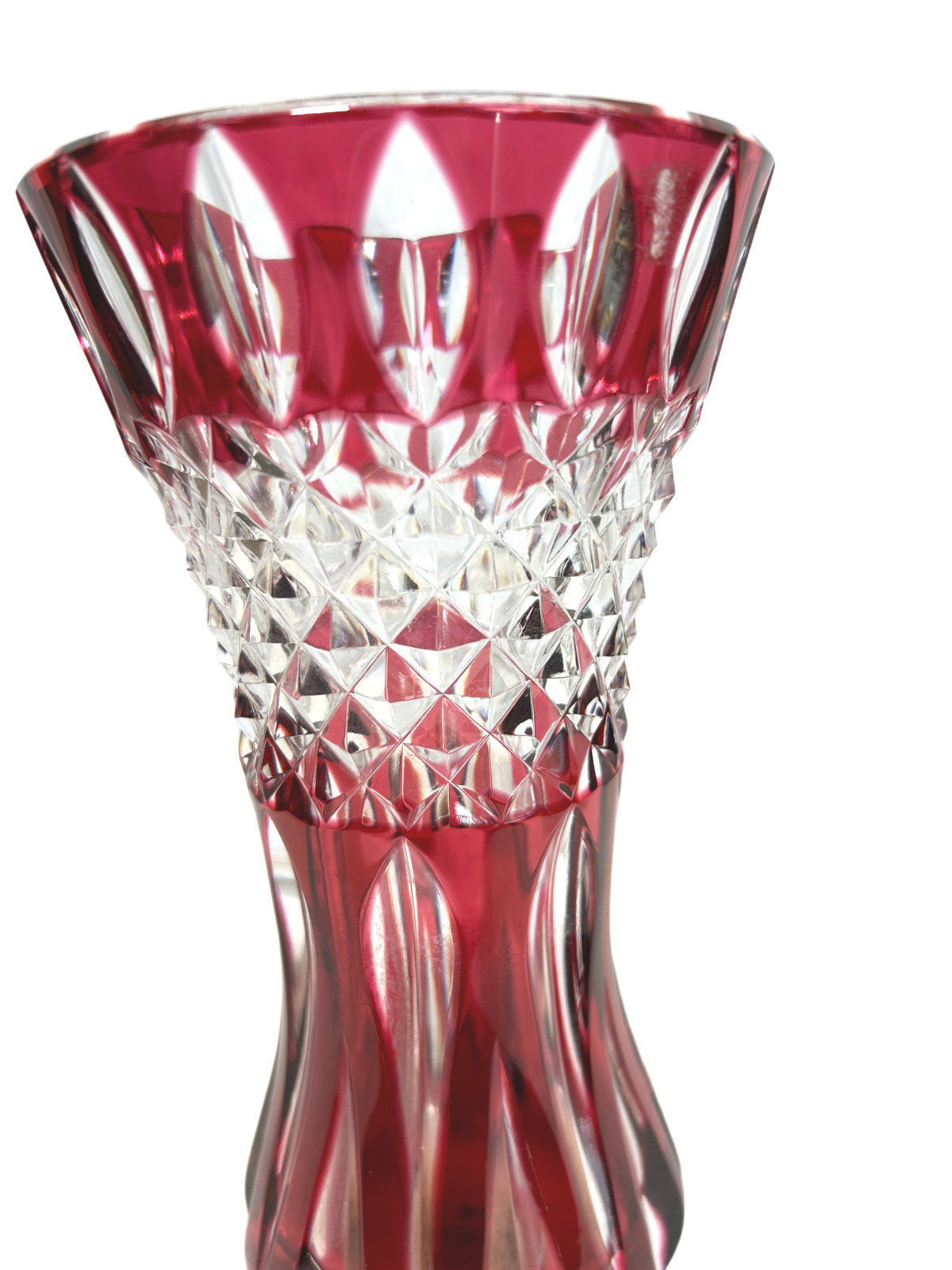 Vintage Val Saint Lambert Cranberry Red Cut to Clear Crystal Teniers Vase 8″