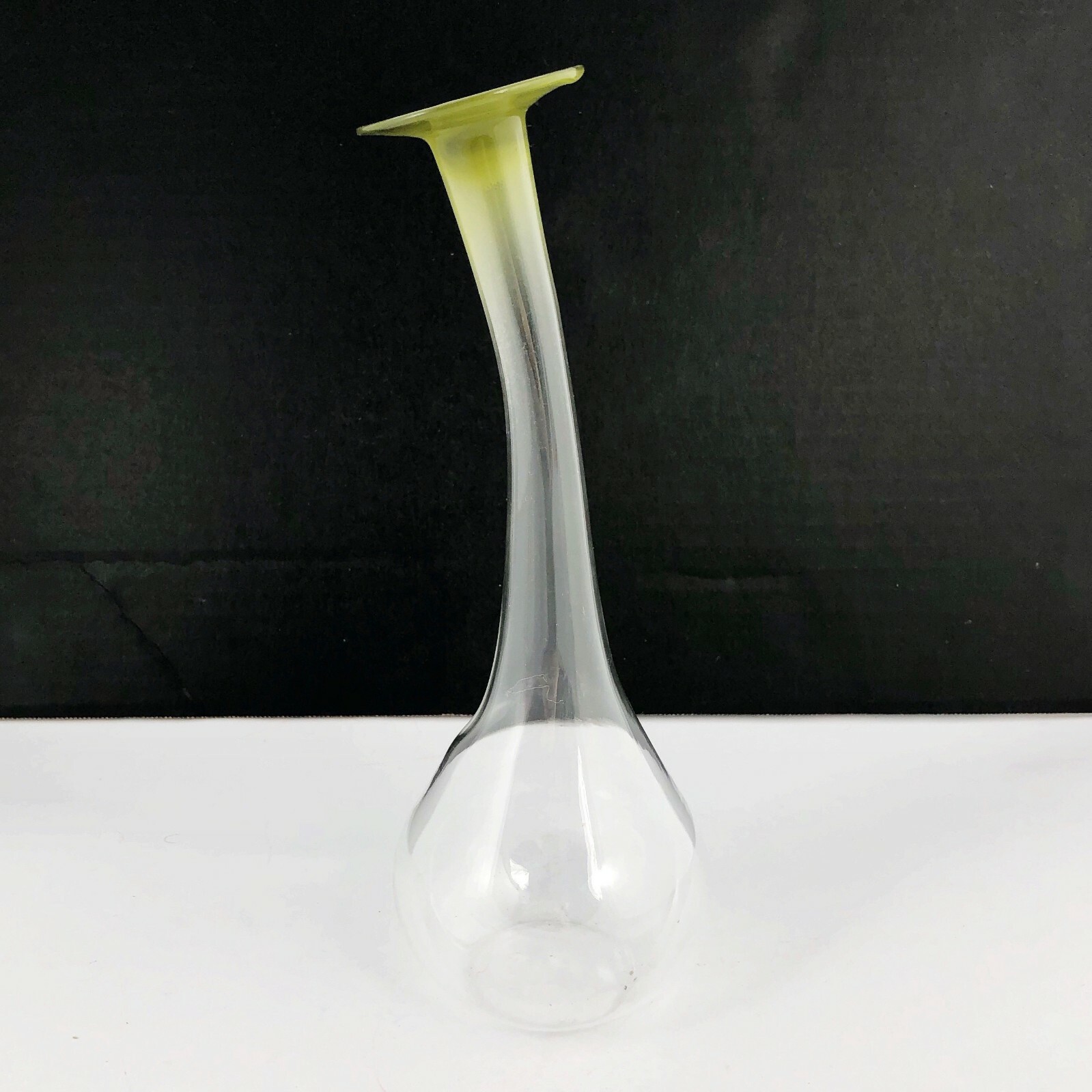 Art Glass Bud Vase Crystal Clear w Long Bent Neck and Green Lip Blown Handmade