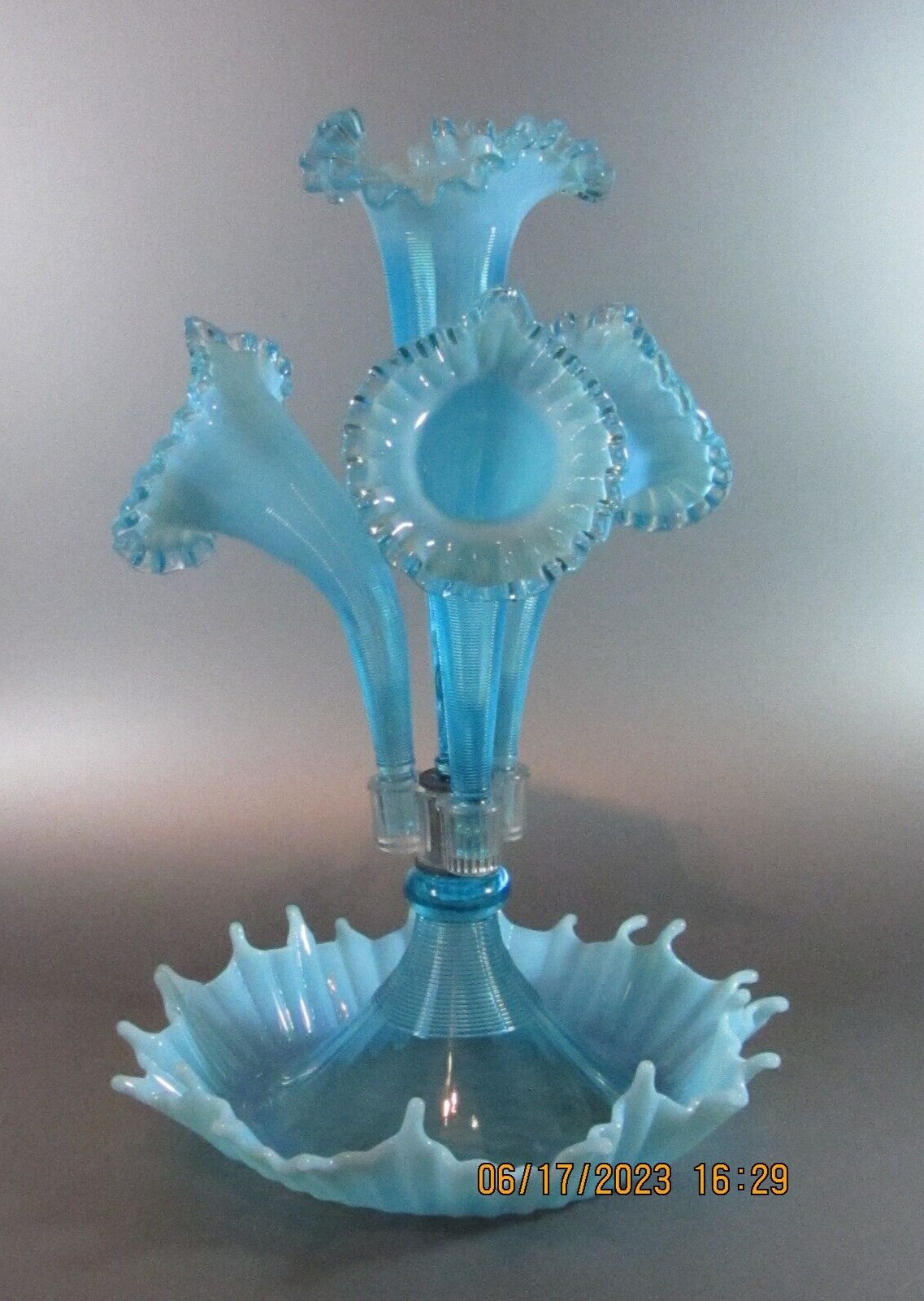 Vintage Mold Blown Ribbed Opalescent Blue Glass Fenton Large Epergne Four Horn