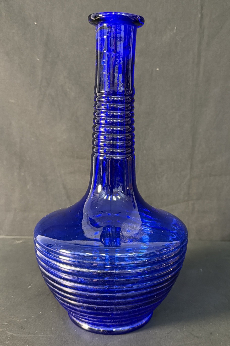 Vintage Cobalt Blue Beehive Ribbed Vase 9.25in.x 4.5 in. Hand Blown/pontil