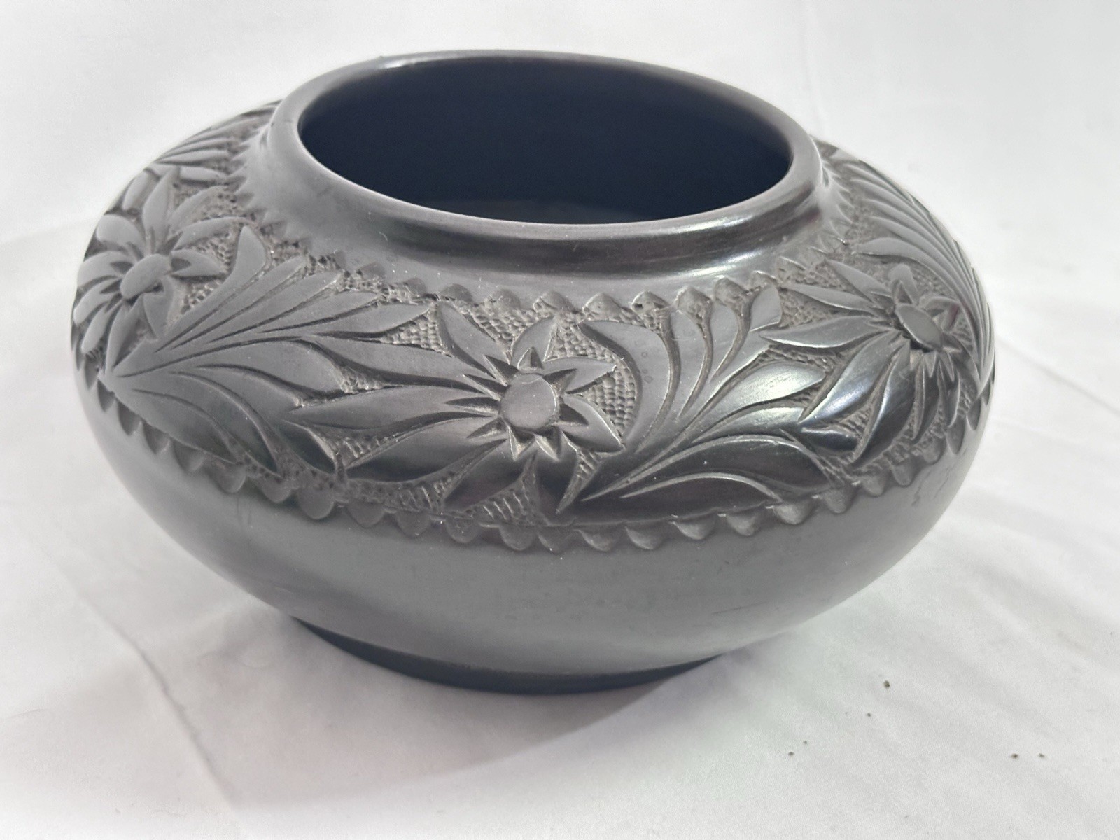 Vintage Romanian Marginea Black Pottery Bowl Hand Carved Floral Folk Art Signed