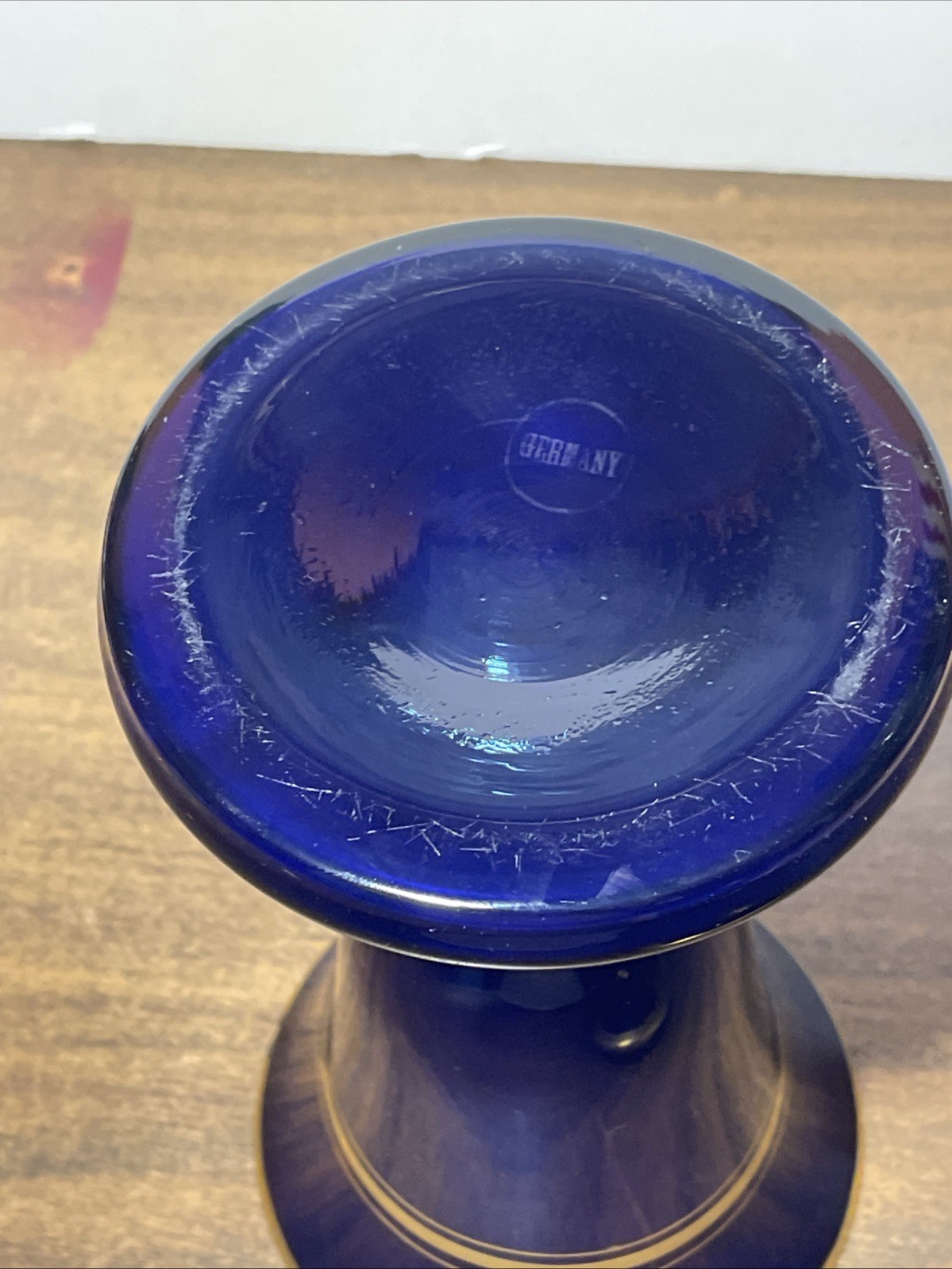 Vintage Cobalt Blue Glass Decorative Jar With Lid Gold Trim Marked Germany