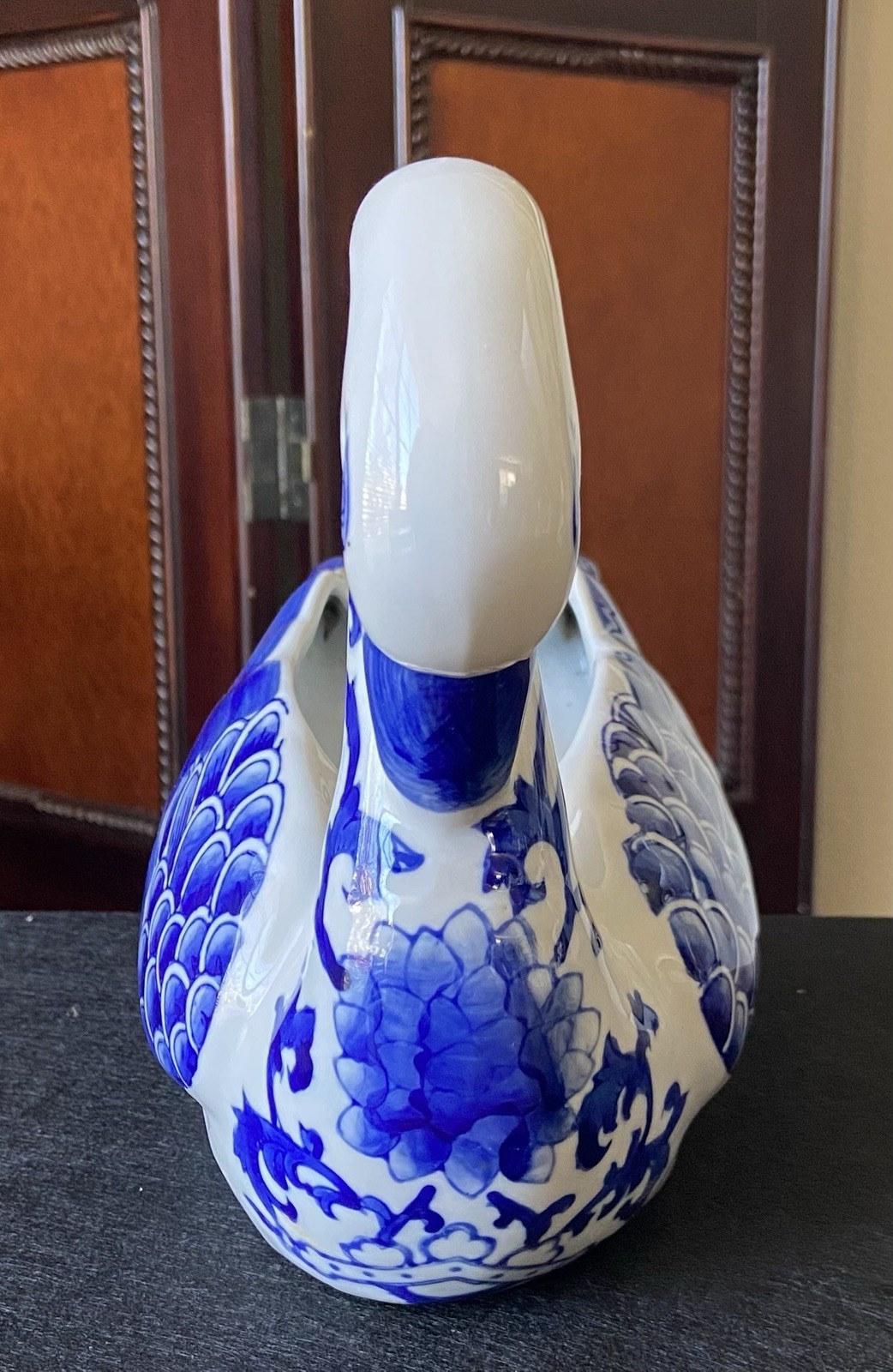 Pair VTG 8” Tall La Dolce Blue Scroll Blue & White Swan Planters By JJG Design