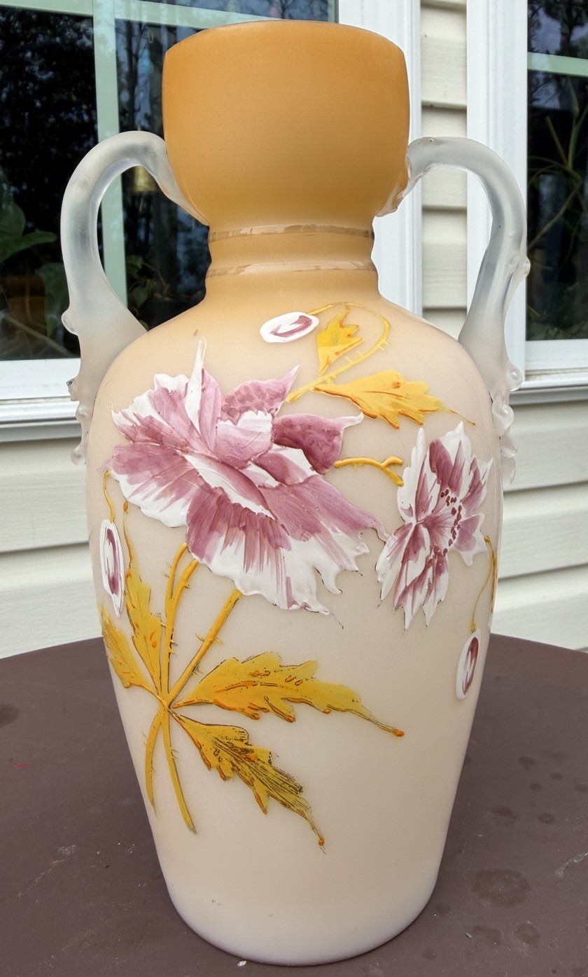 Victorian Bohemian Harrach Hand-Painted Peach Satin Glass Ewer Vase – glows UV
