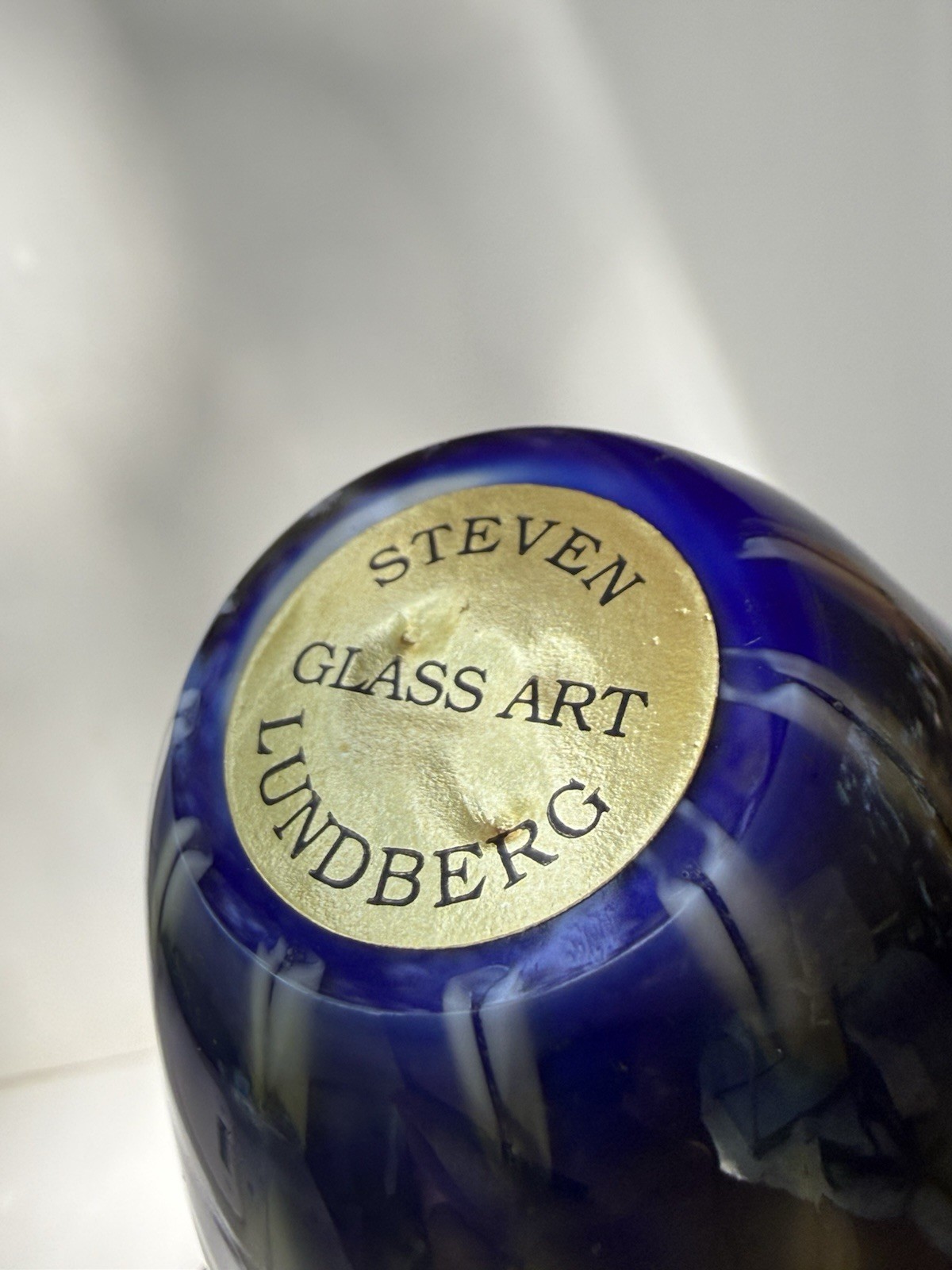 Steven Lundberg Glass Art Iridescent Weaved Basket Vase Cobalt Blue Signed