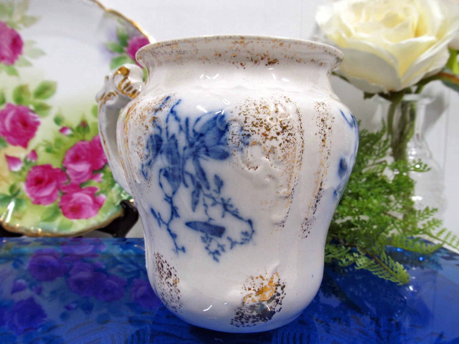 antique Shaving mug Flow Blue floral pattern embossed and raised pattern England