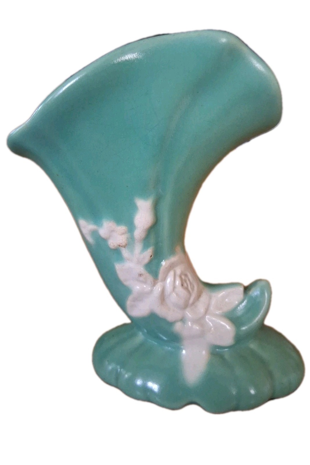 Vintage Green Weller Cameo Rose Cornucopia Vase-6 1/2 inches tall