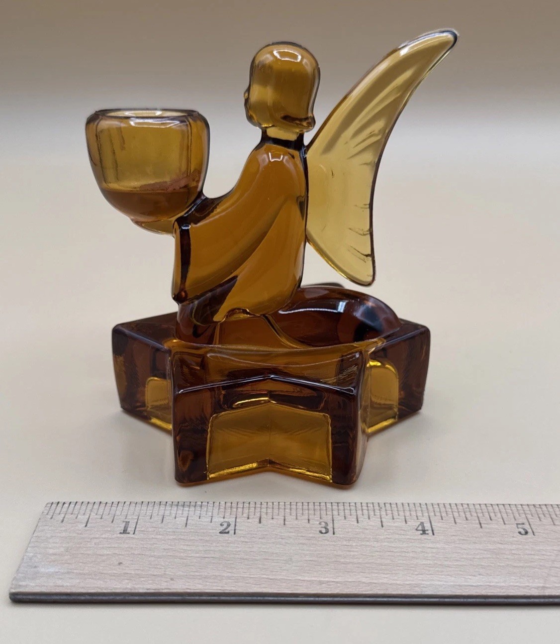 Vintage L.E. Smith Amber Glass Angel Star Taper Candle Holder Christmas