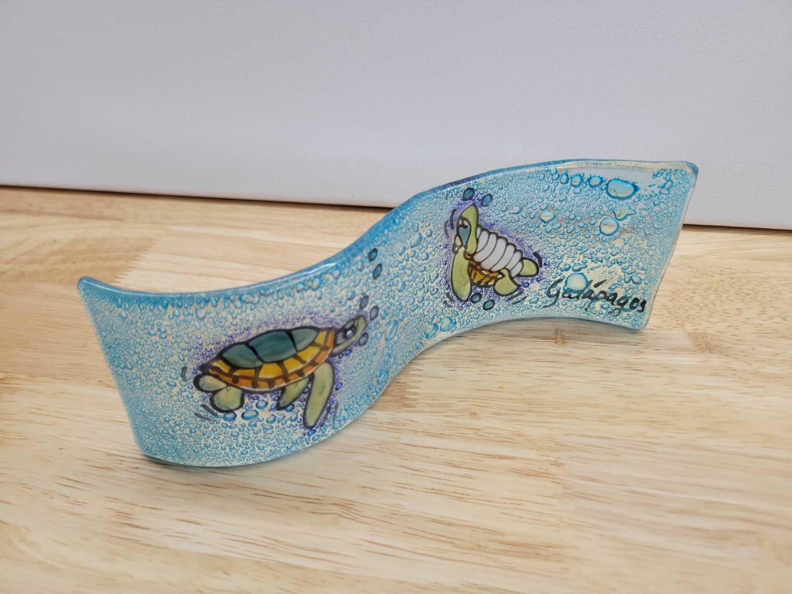 Galapagos Fused Glass Sea Turtle Wave Sculpture Signed Art Glass Ocean Decor 7″