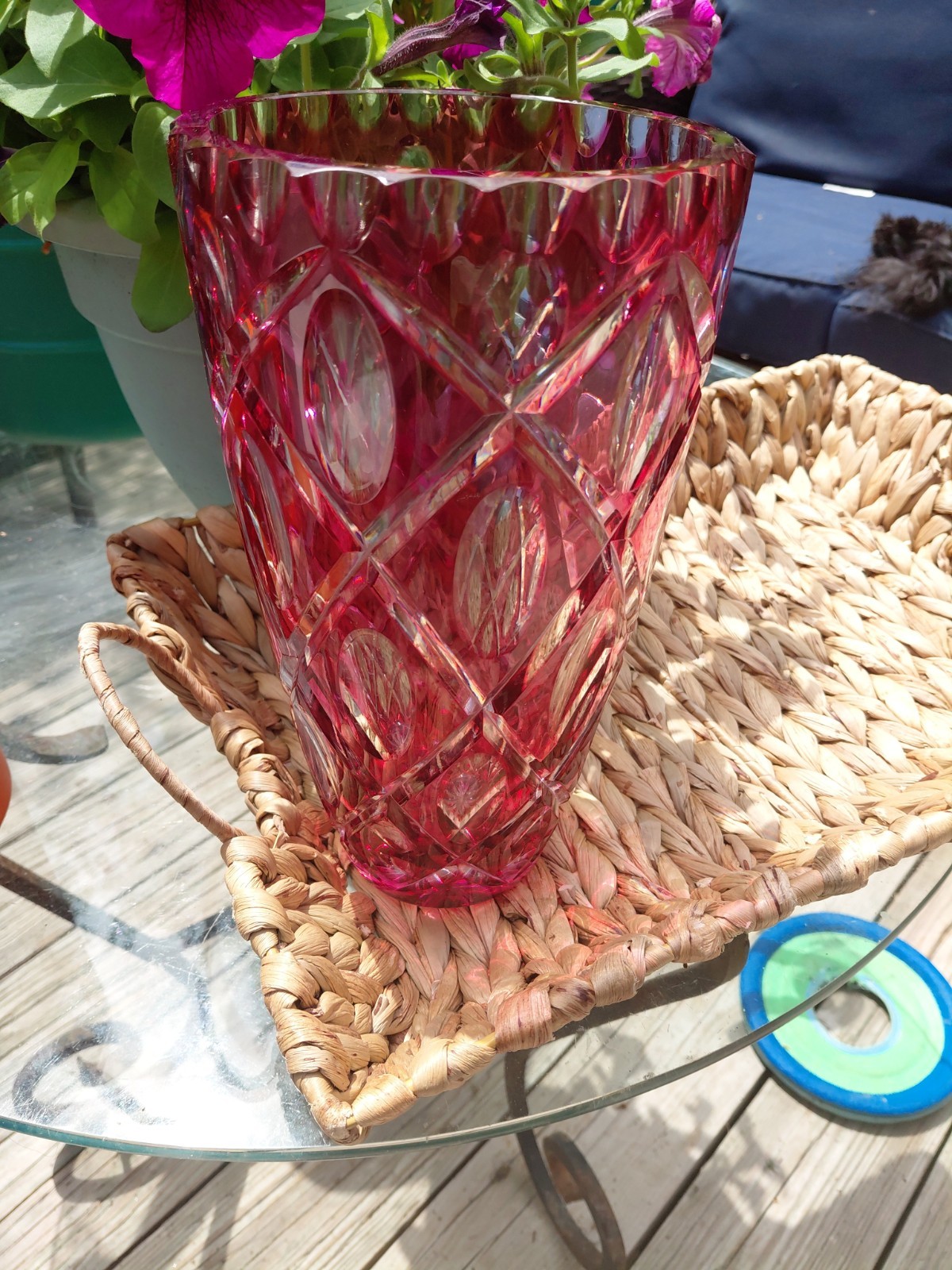 Stunning Large Crystal Cranberry Cut To Clear 10″ X 6″ Vase