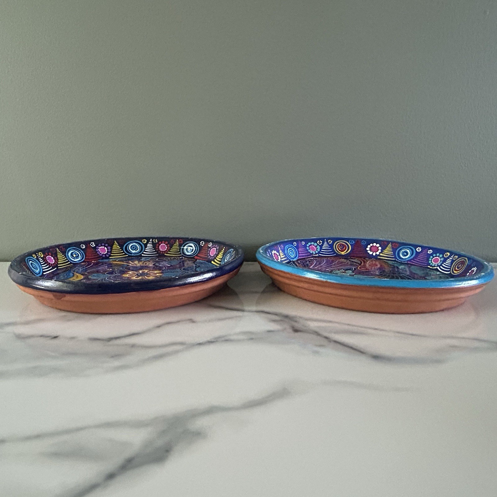 Hand-Painted Italian Terracotta Pottery Mexican Folk Art Style 3 Piece Set