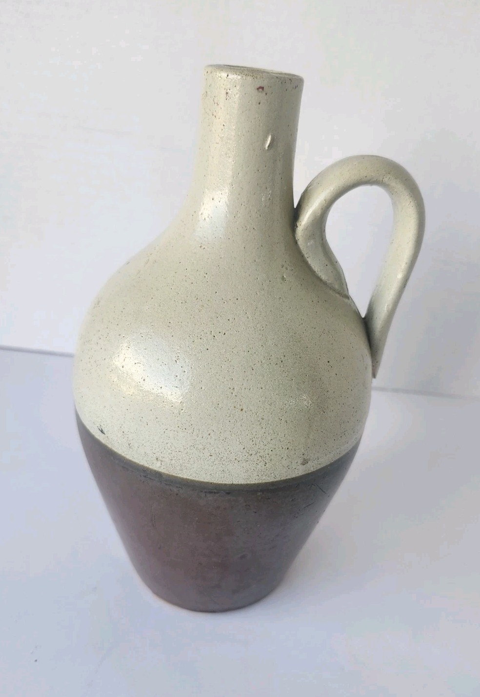 Studio Pottery Stoneware Ewer Pitcher Brown Cream Two-Tone Glaze Rustic Farmhous