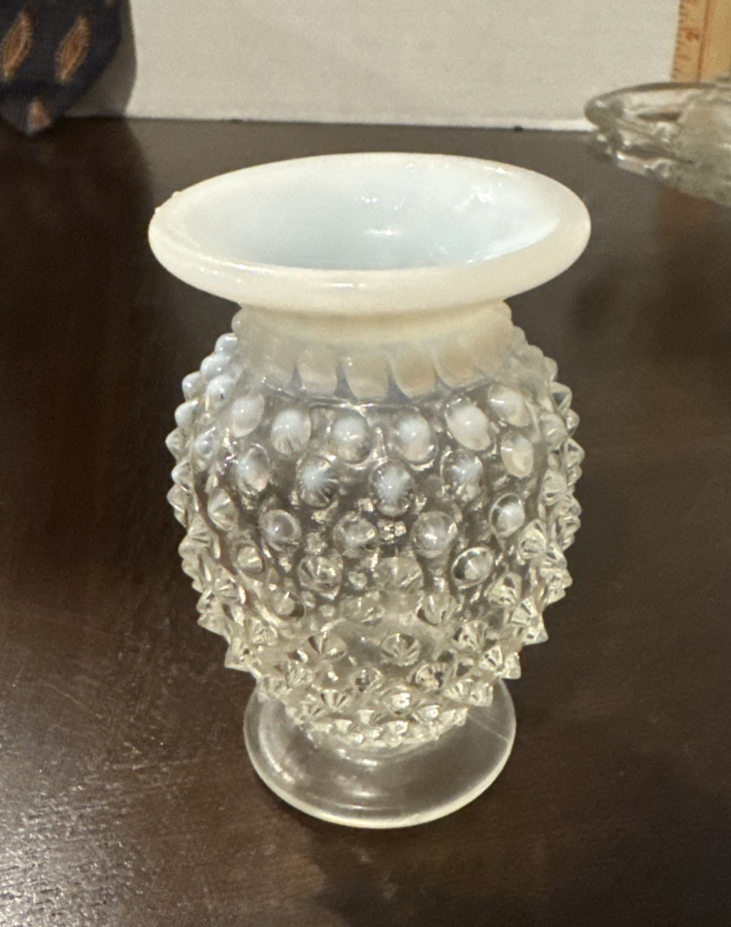 Fenton Moonstone Mini Hobnail White Opalescent Bud Vase Fluted Edge Clear