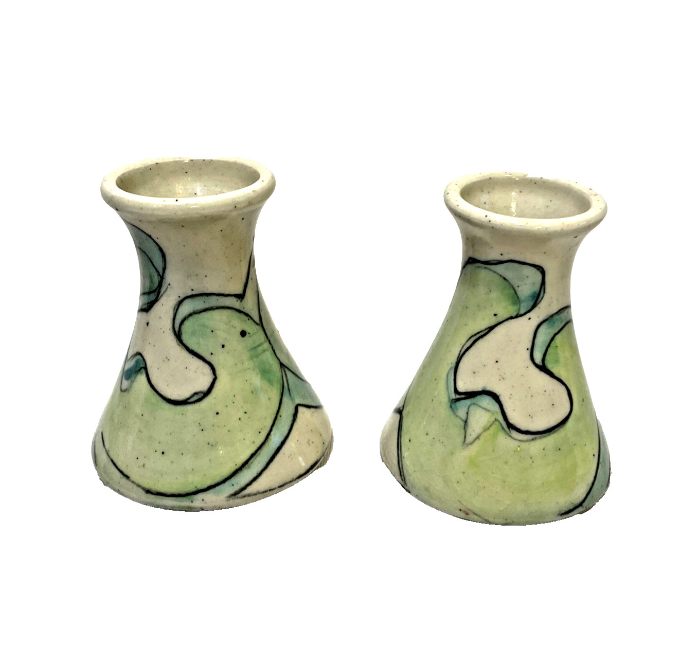 Vintage Pottery Taper Candle Stick Holders Art Deco 3.5″ Green & Cream Set of 2