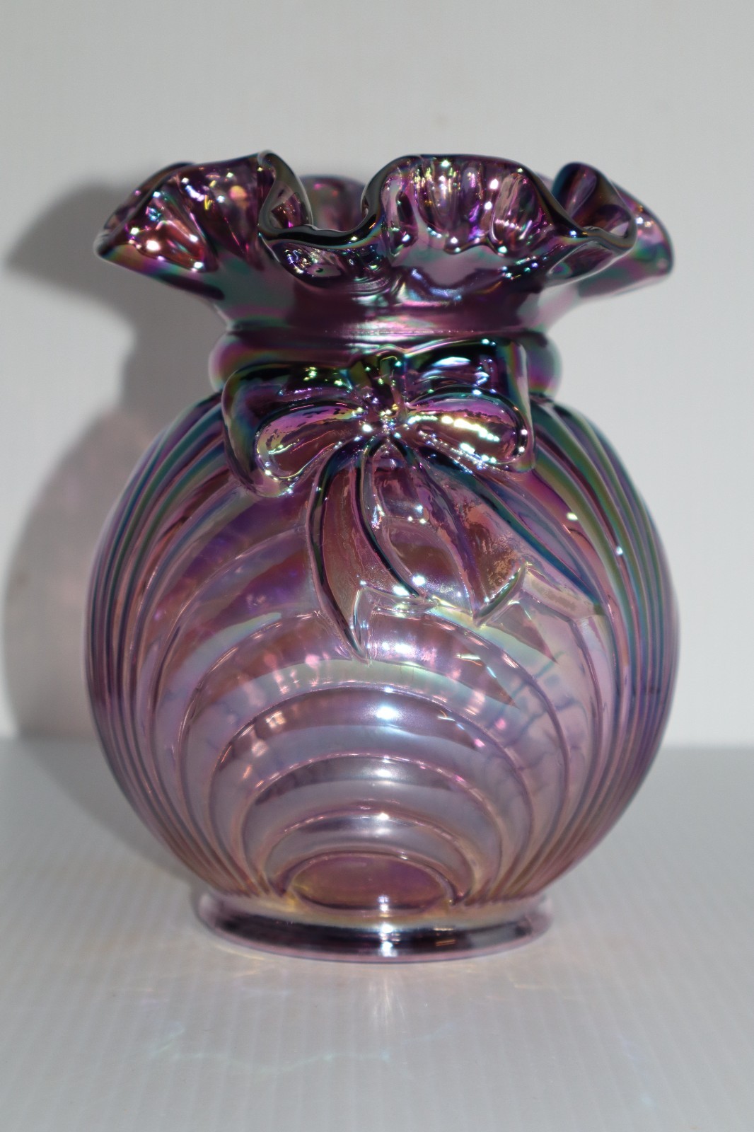 FENTON CAPRICE DRAPE VASE BOWTIE PURPLE IRIDESCENT CARNIVAL GLASS