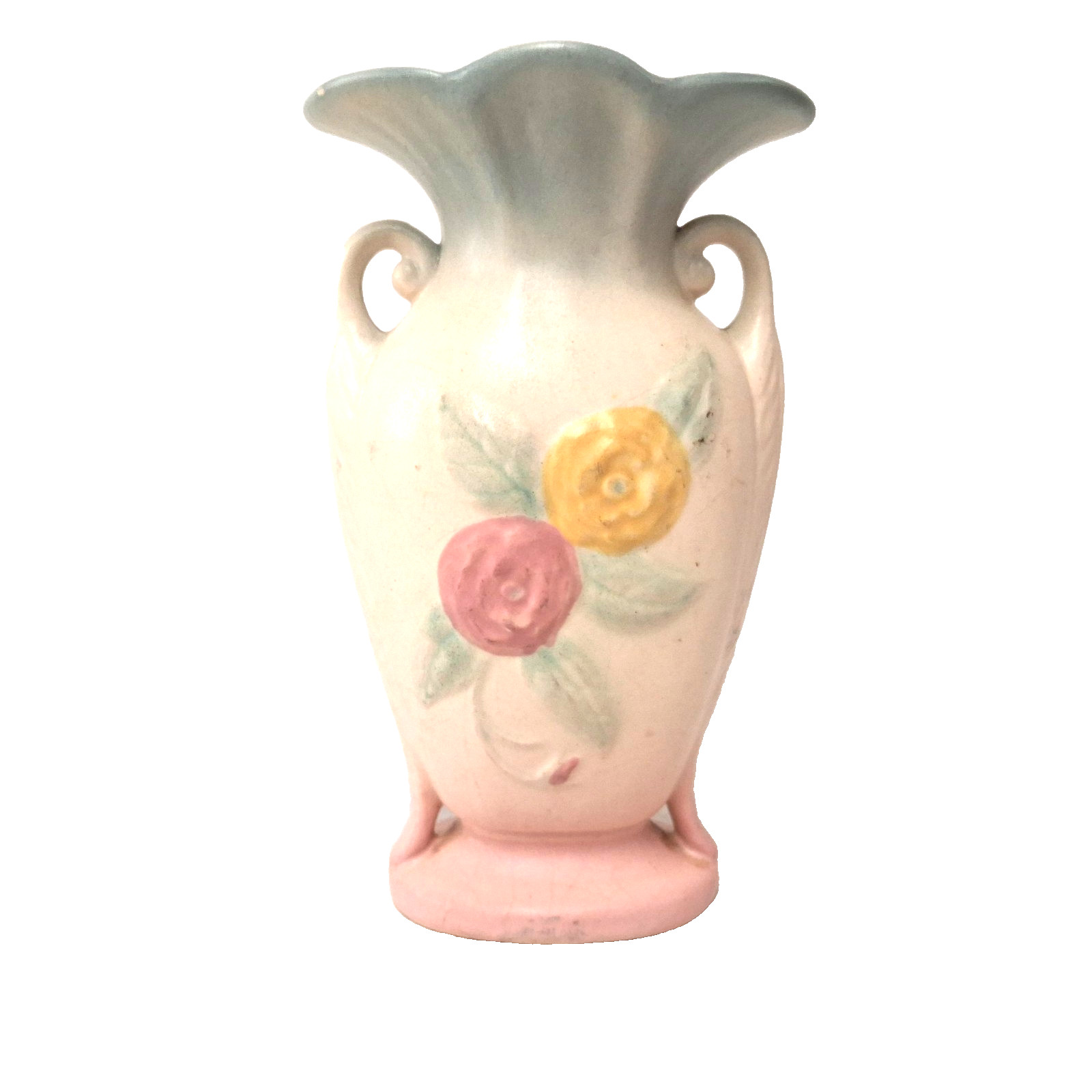 Hull Magnolia H-7 Double Handle Vase Pink Yellow Floral Art Pottery Vintage USA