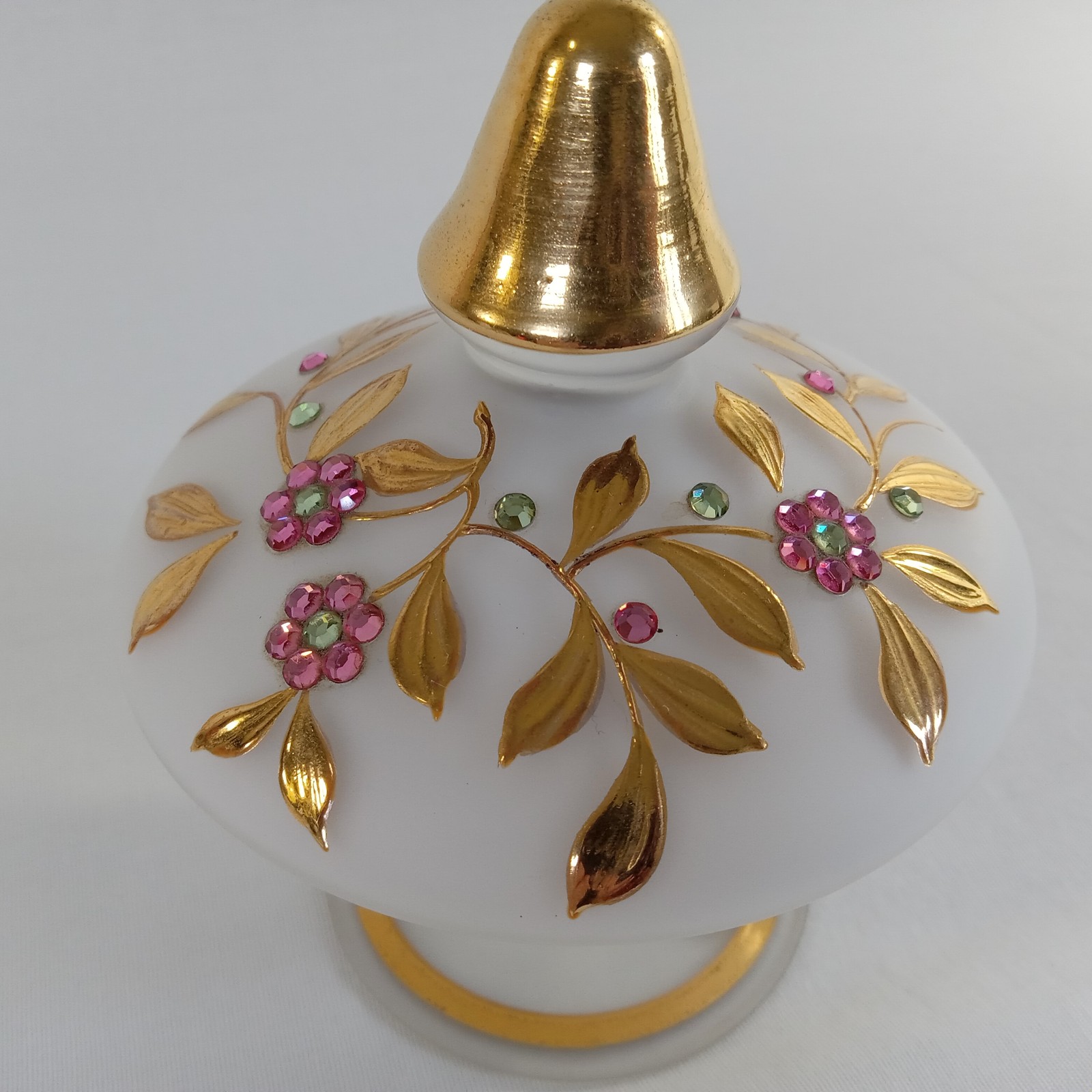West Germany White Satin Glass Covered Trinket Box Dish Gold Gilt Rhinestones