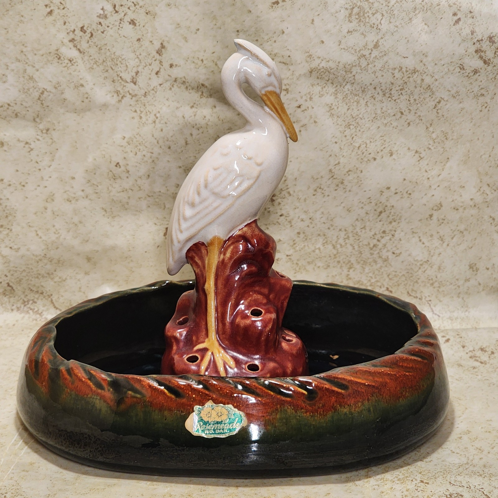 ROSEMEADE Art Pottery FLOWER BOWL 8″ with Crane 6.75″ North Dakota – Rare